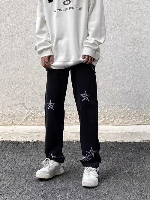 Japanese Brand × Jean Black High Street Star Embroidered Drape Jeans Size US 32 / EU 48 - 1 Thumbnail