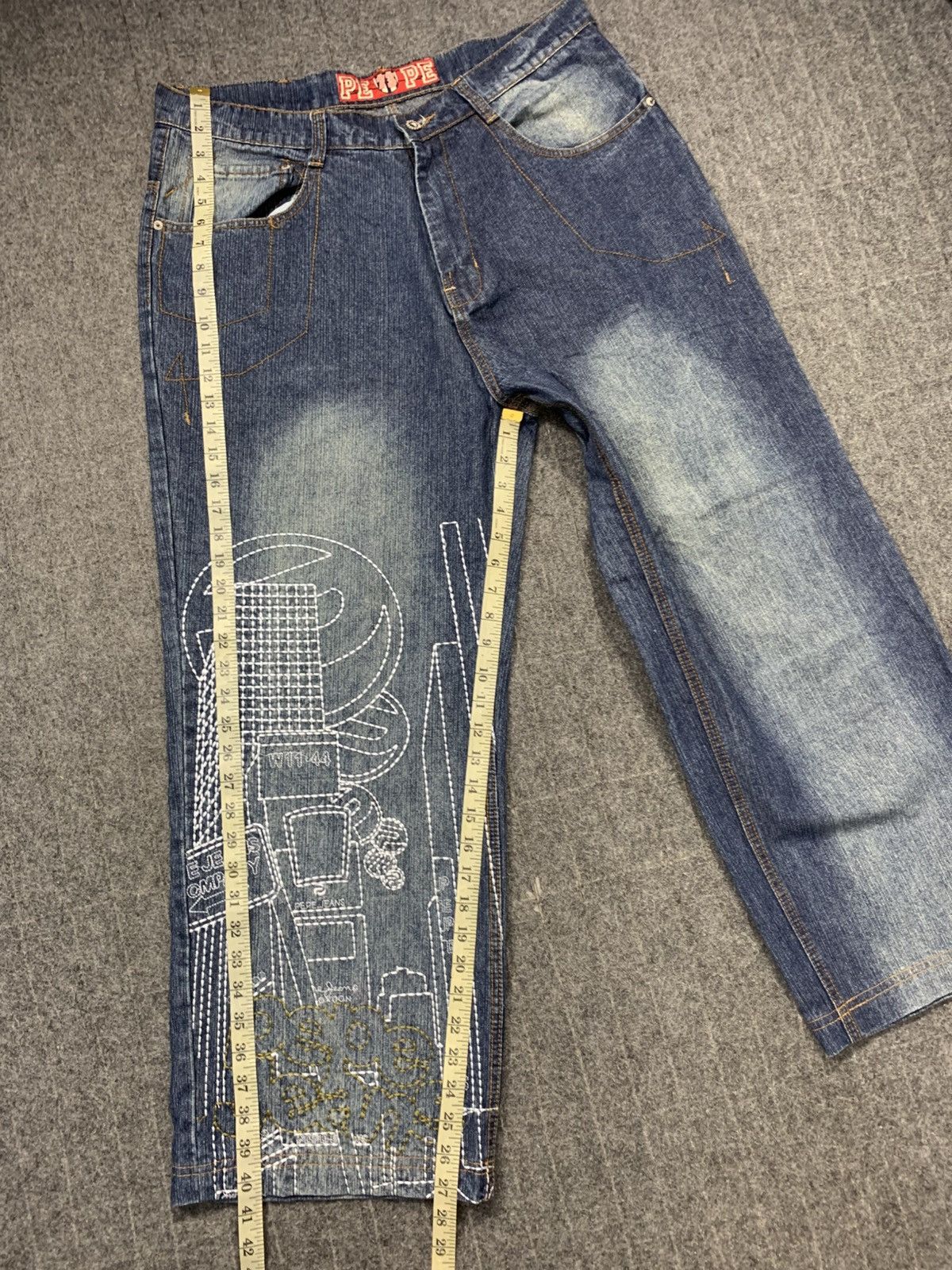 Pepe Jeans Pepe Art Indigo Embroidery Stitching Baggy Straight Cut Size US 35 - 12 Thumbnail
