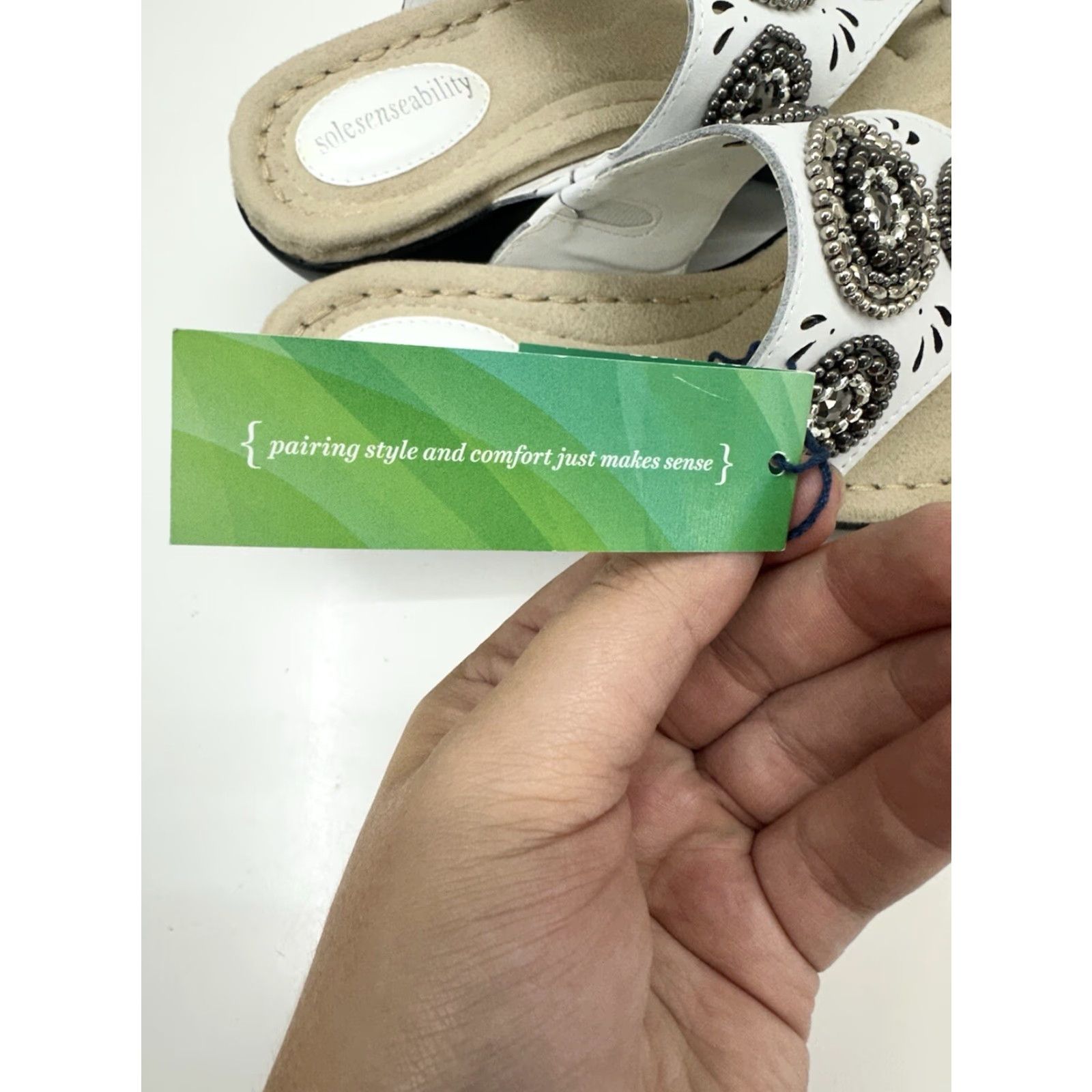 Vintage Solesenseability Womens Sandals Thong Slip-On Leather Beaded White 6.5 Casual Bohemian Shoes Womens In White Sandals Size US 7 / IT 37 - 5 Thumbnail
