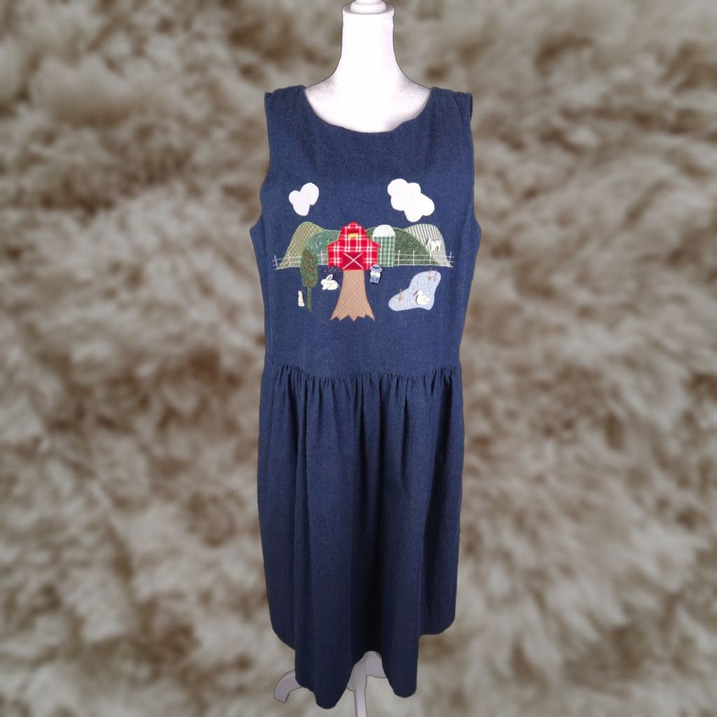 VINTAGE Handmade Jumper Dress Womens L Blue Flannel Midi Patchwork