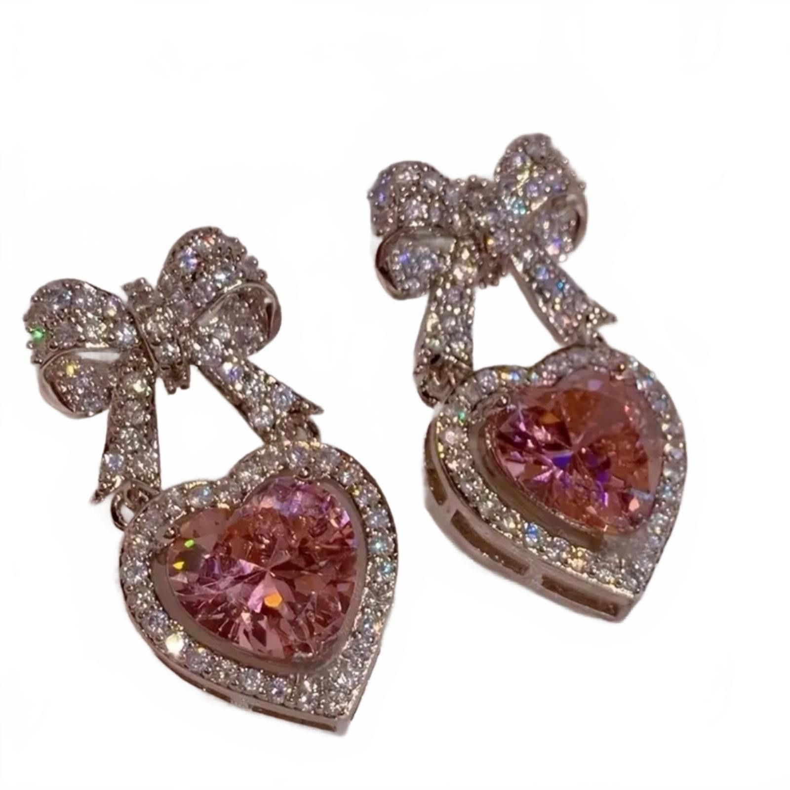 Designer Pink Heart Shape Bowknot Stud Earrings CZ Zircon Size ONE SIZE - 3 Thumbnail