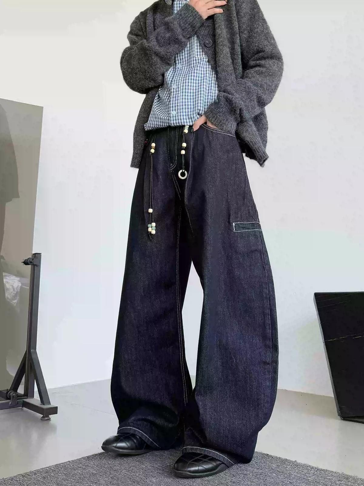 Vintage Blue Wide Leg Raw Denim Jeans, Baggy Loose Fit Jeans Size US 32 / EU 48 - 2 Thumbnail
