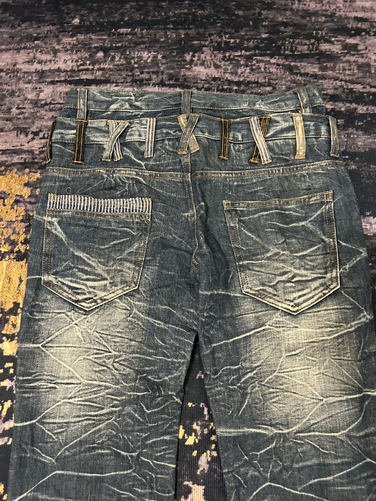 Japanese Brand NYLAUS Doublle Waist Mud Claw Mark Cropped Jeans Size US 31 - 9 Thumbnail