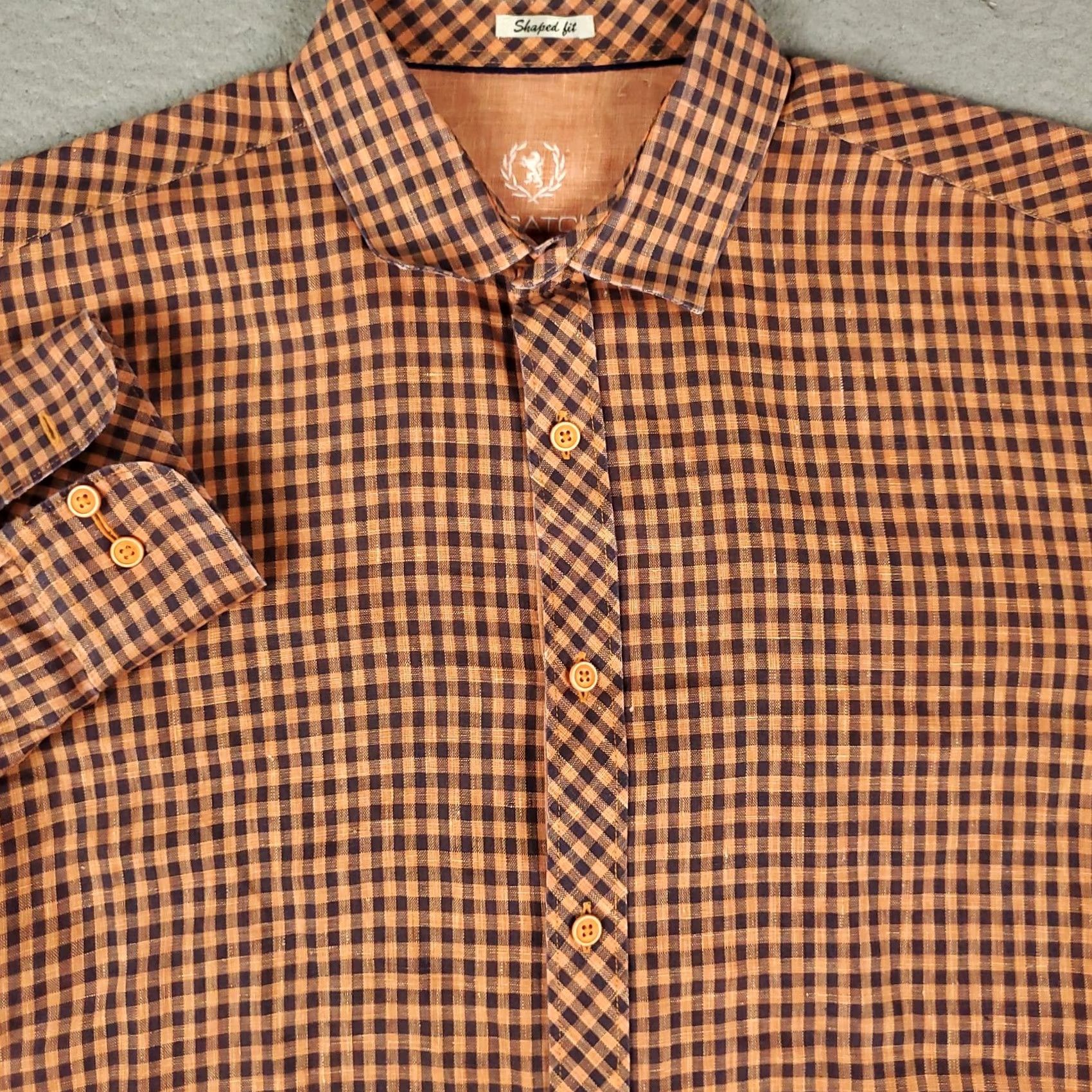 BUGATCHI Bugatchi Shirt Mens Large Orange Linen Check Button-Up Long Sleeve Size US L / EU 52-54 / 3 - 2 Thumbnail