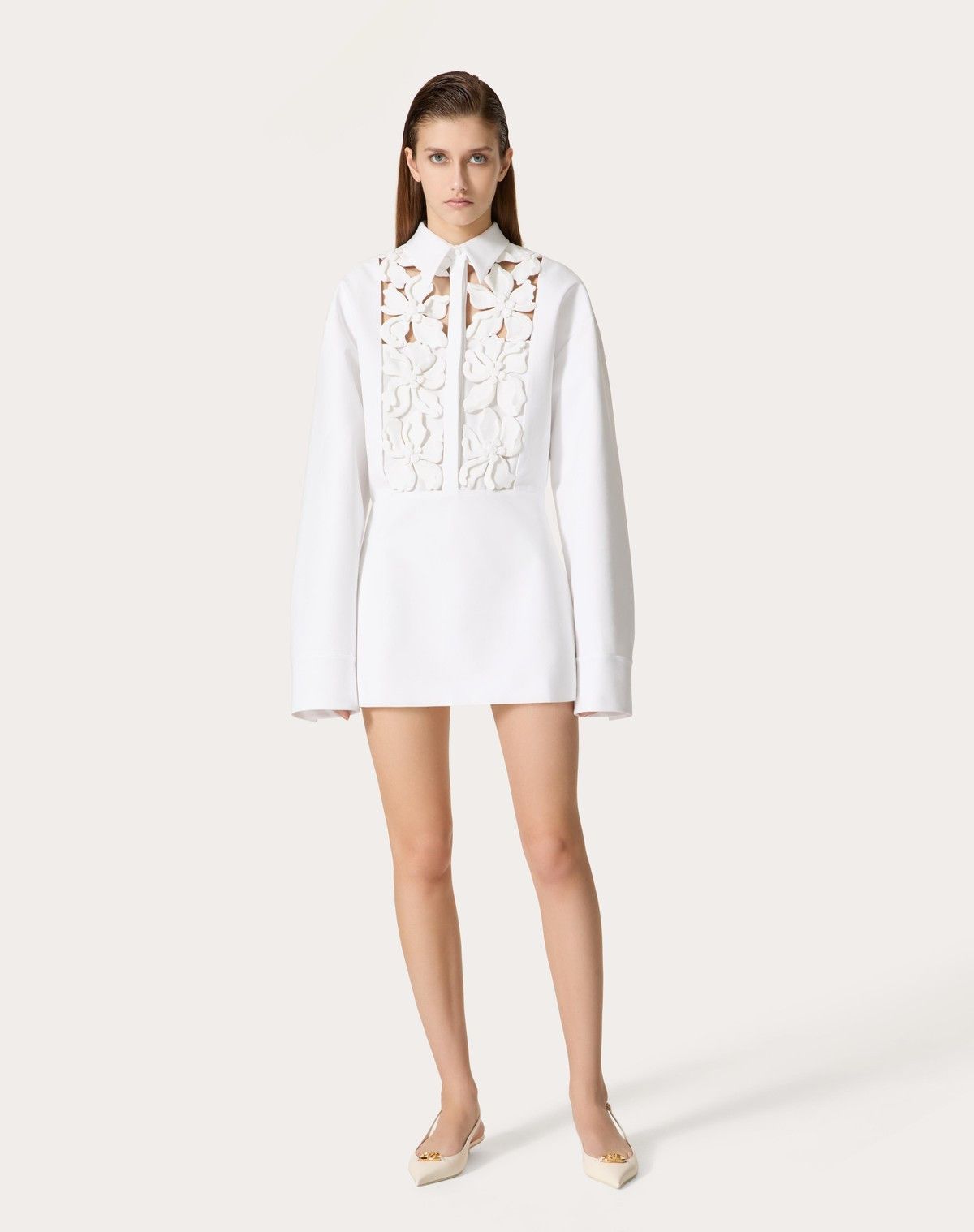 Valentino o1s1wg110525 Embroidered Popeline Short Dress in White Size L / US 10 / IT 46 - 4 Thumbnail