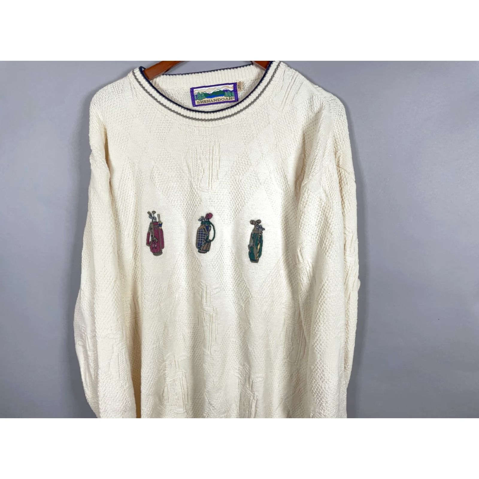 Vintage Vintage Shenandoah Men’s Heavyweight Ivory Cotton Golf Sweater XL Tall 90s Embroidered Knit Pullover Size US XL / EU 56 / 4 - 4 Thumbnail