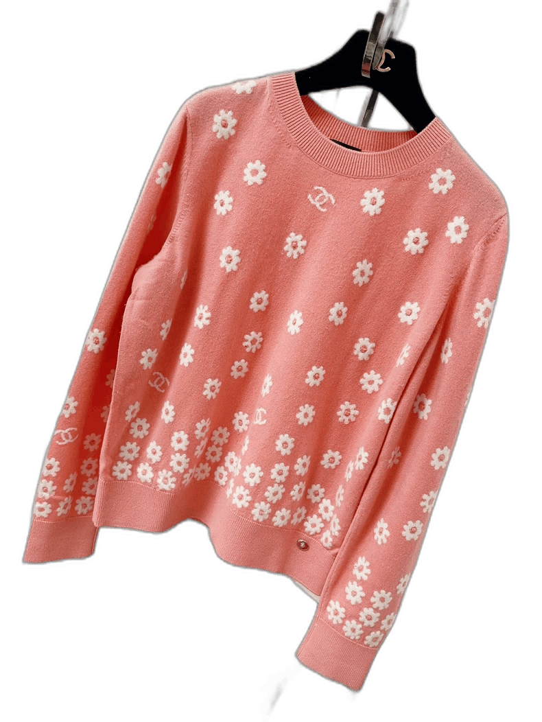 Chanel Chanel Pink Daisy Pattern Cashmere Sweater Size L / US 10 / IT 46 - 1 Thumbnail