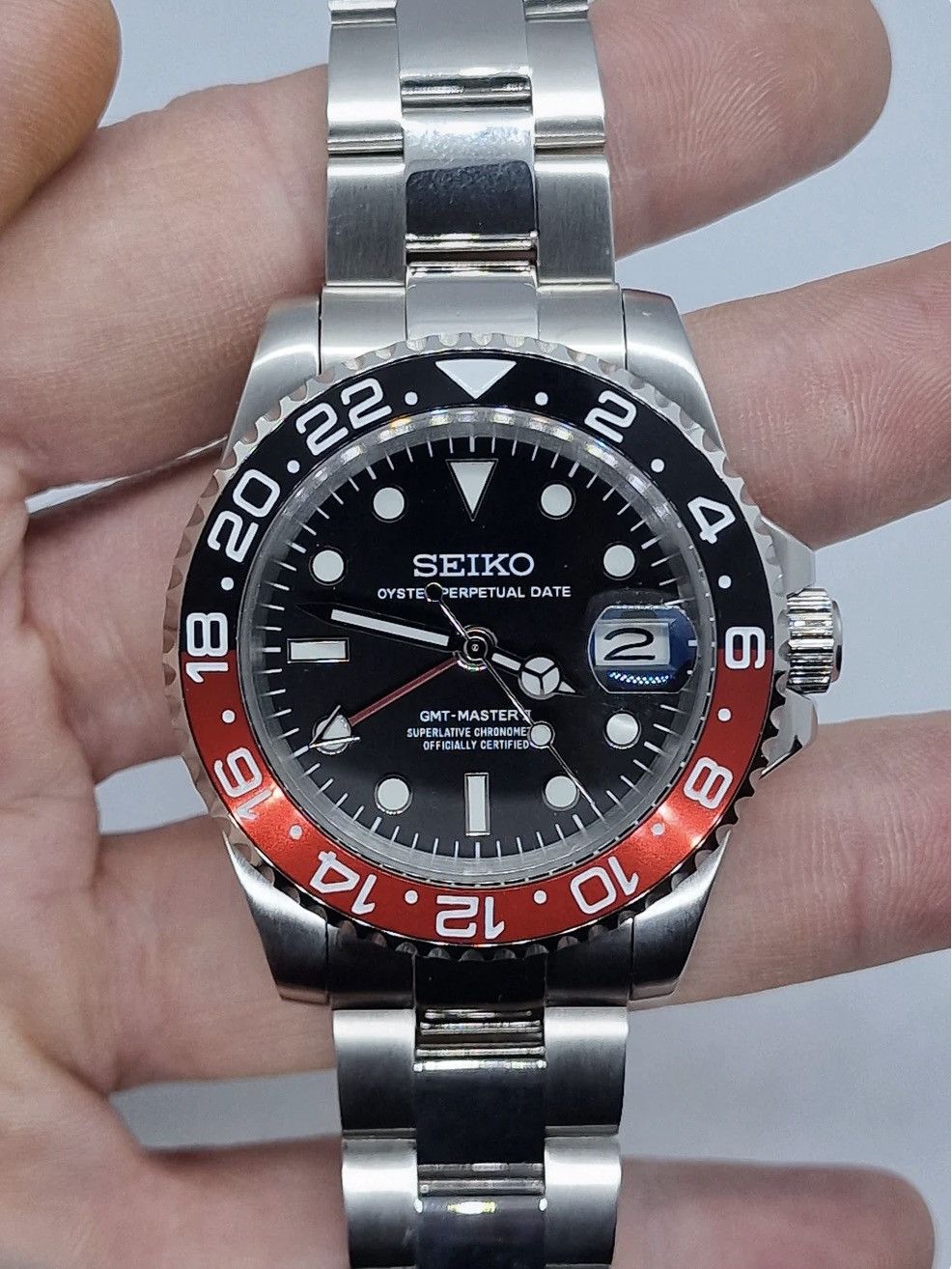 Japanese Brand Seiko Mod GMT-Master 2 Coke Red Black Oyster Steel Watch Size ONE SIZE - 2 Thumbnail