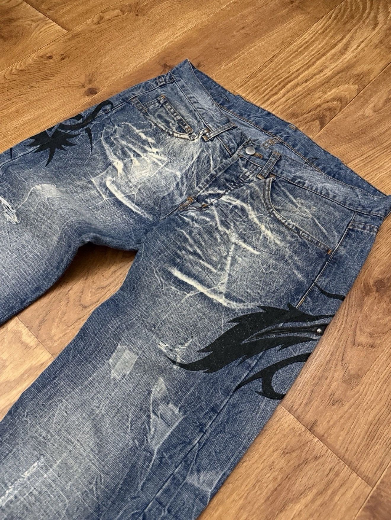Other Y2K Jeans Embroidered Leather Dragon Rap Italy Made Sz 34/35 Size US 34 / EU 50 - 5 Thumbnail