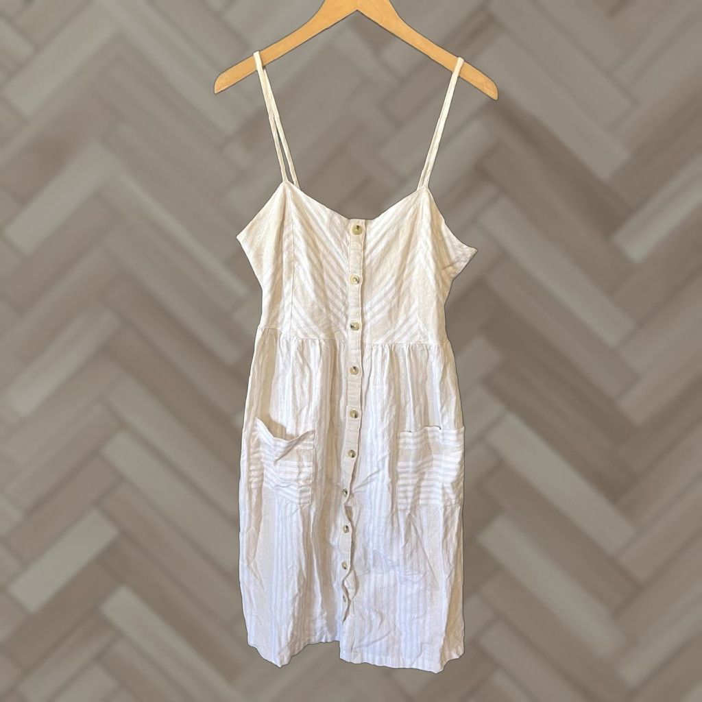 Vintage VINTAGE Sneak Peak Womens White Striped Linen Sleeveless Summer Dress L SIZE Large Knee Length A-Line Size L / US 10 / IT 46 - 1 Thumbnail