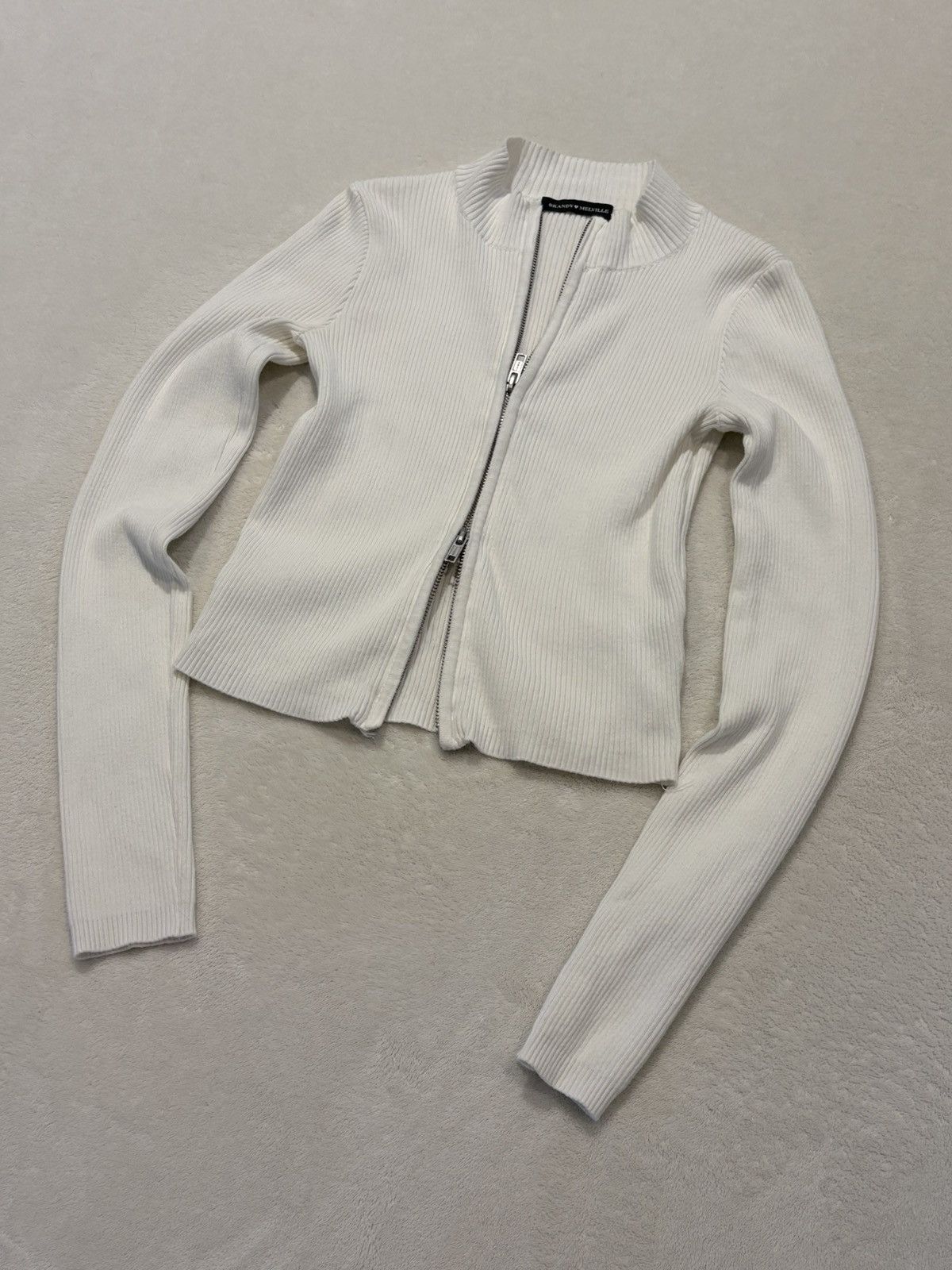 Brandy Melville Brandy Melville white ribbed double zipper cardigan sweater Size ONE SIZE - 1 Thumbnail