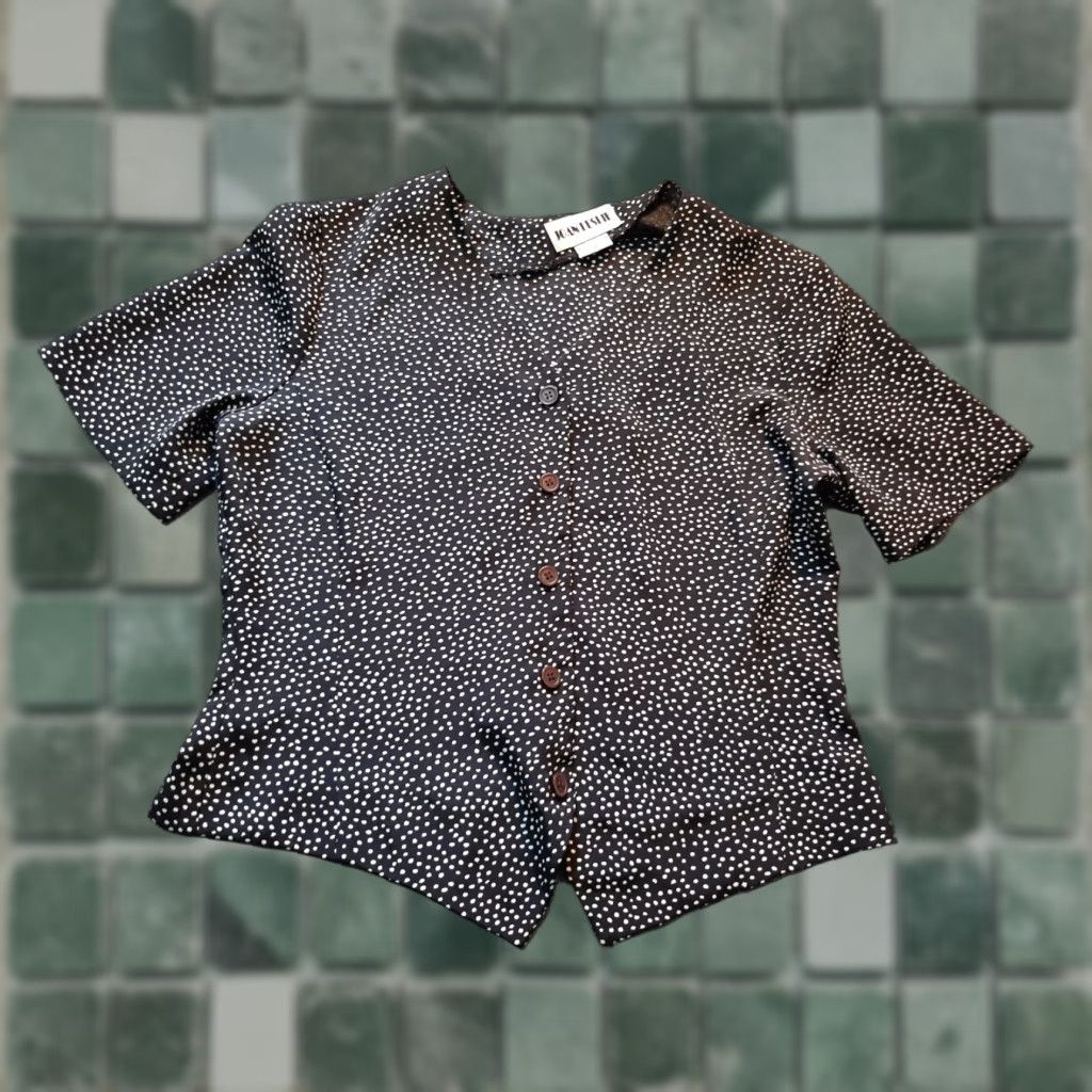 Vintage Joan Leslie Button Up Shirt Womens Size 10P Petite Black White Dots Short Slve Shirt Size L / US 10 / IT 46 - 1 Thumbnail
