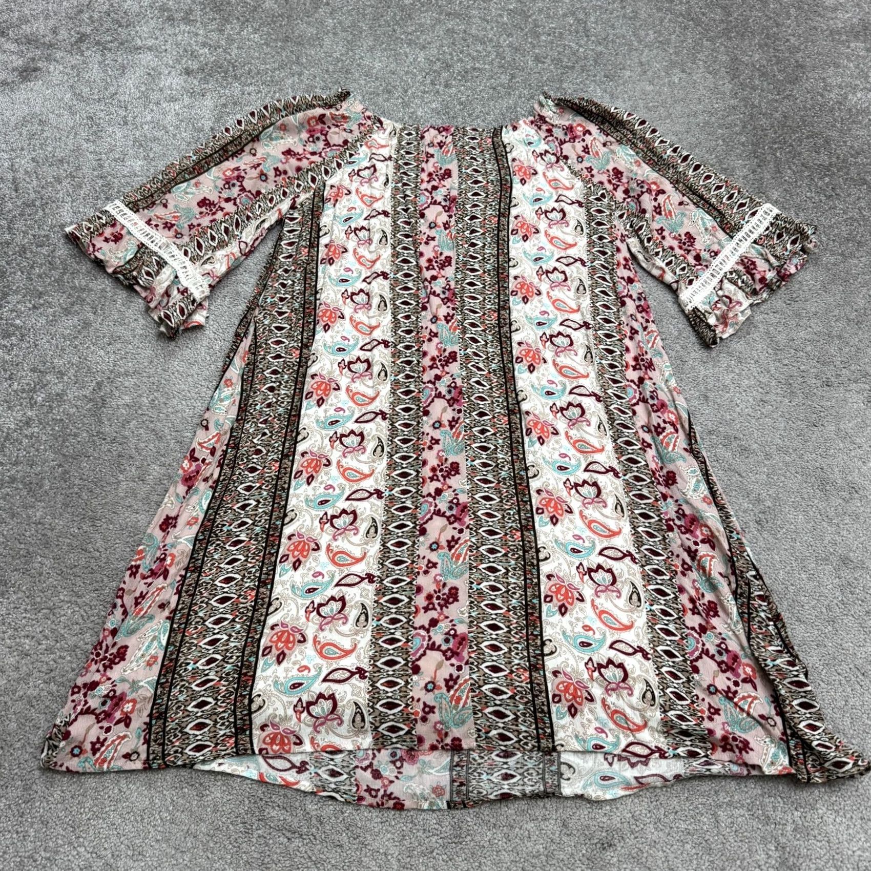 Bell NAIF Shift Dress Womens Large Multicolor Paisley Boho Bell Sleeve Crochet Trim Size L / US 10 / IT 46 - 2 Thumbnail