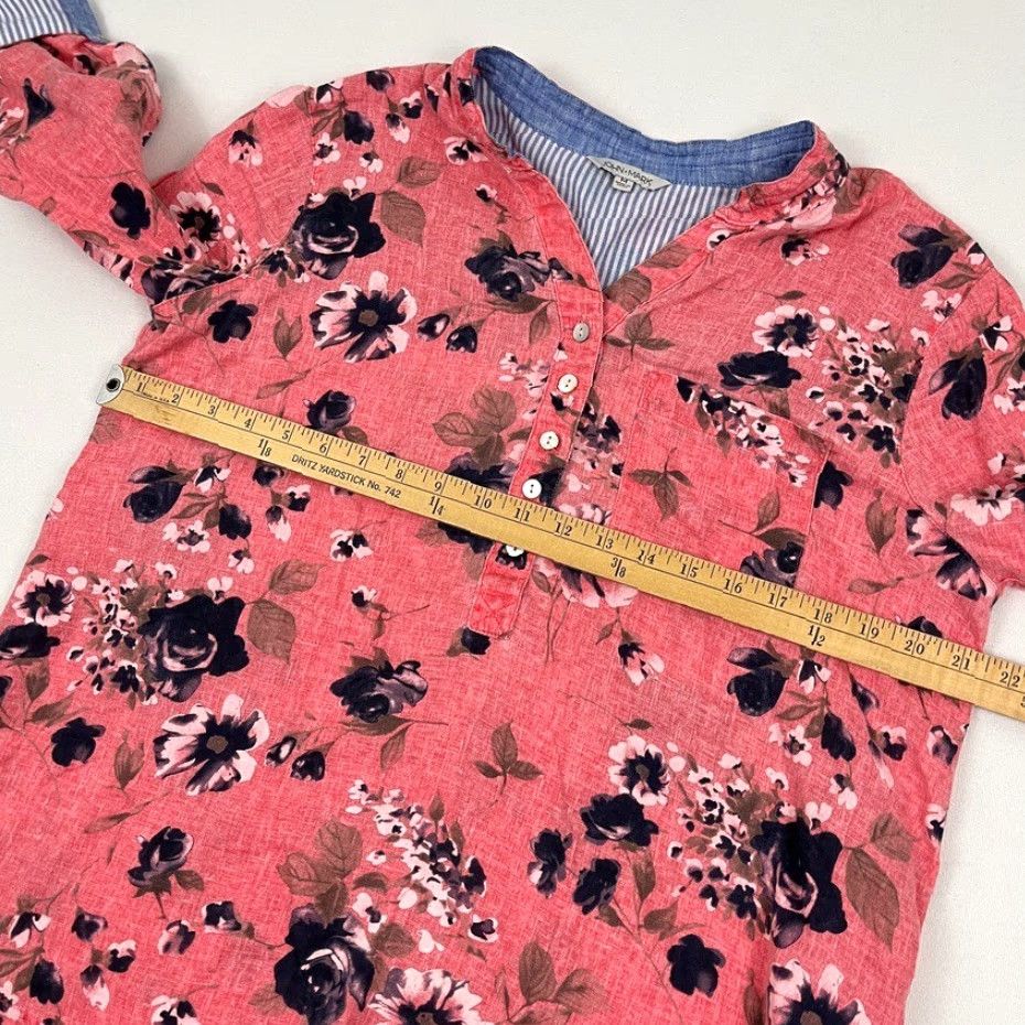 Vintage John Mark Blouse Womens M Pink Floral Linen Popover Roll Tab Wired Collar Boho Size M / US 6-8 / IT 42-44 - 6 Thumbnail