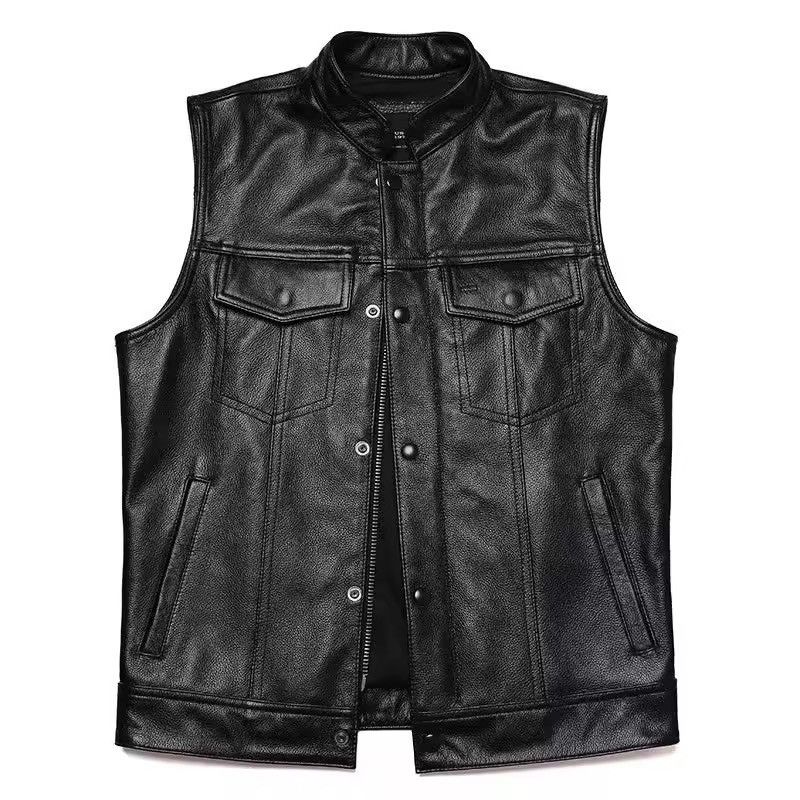 Biker-Style Faux Leather Sleeveless Vest – Black Clubwear