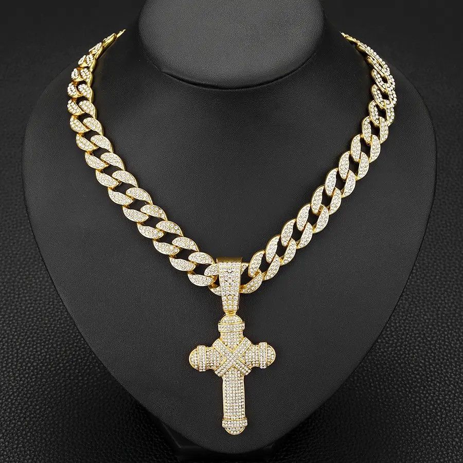 Jewelry 15mm Width Iced Cuban Chain & R.Stone Cross Pendant Necklace Size ONE SIZE - 1 Thumbnail