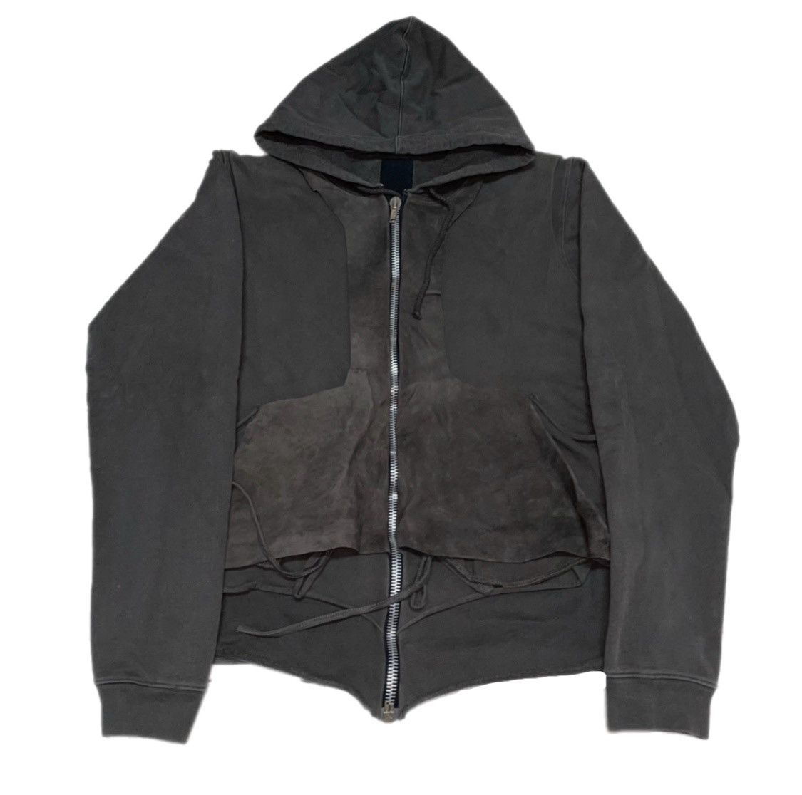 image of Rick Owens Slab Leather Layered Zip Up Hoodie in Grey, Men's (Size Large)