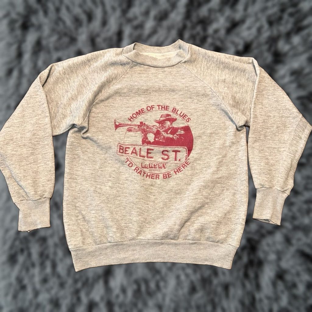Vintage VINTAGE Healthknit Sweatshirt Beale St. Memphis 80s Home of the Blues Unisex Adults Gray M Crew Neck Pullover Graphic Print Long Sleeve Size US M / EU 48-50 / 2 - 1 Thumbnail