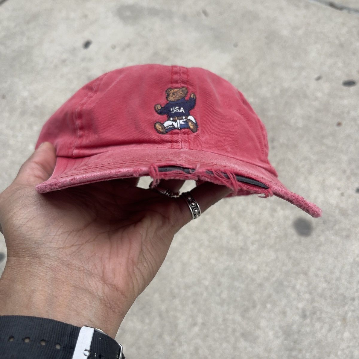 Polo Ralph Lauren × Vintage Vintage 90s Polo Sport Polo Bear Thrashed Hat Size ONE SIZE - 2 Thumbnail