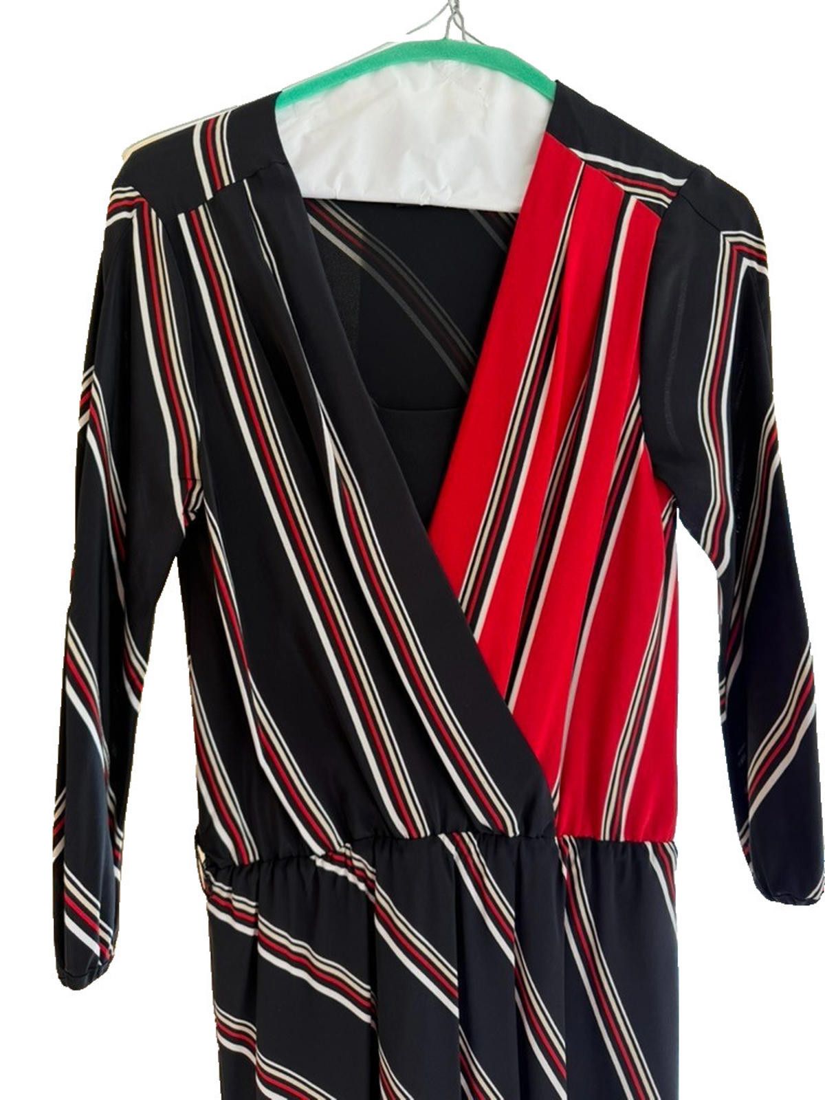 Other WHBM 100% Silk Faux Wrap Dress Red Black Stripe Long Sleeve Size S / US 4 / IT 40 - 3 Thumbnail