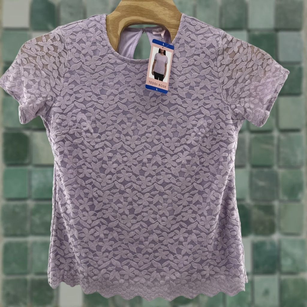 Vintage Teddi Rose Shirt Womens Large Purple Floral Lace Short Sleeve Scallop Hem Blouse Size L / US 10 / IT 46 - 1 Thumbnail