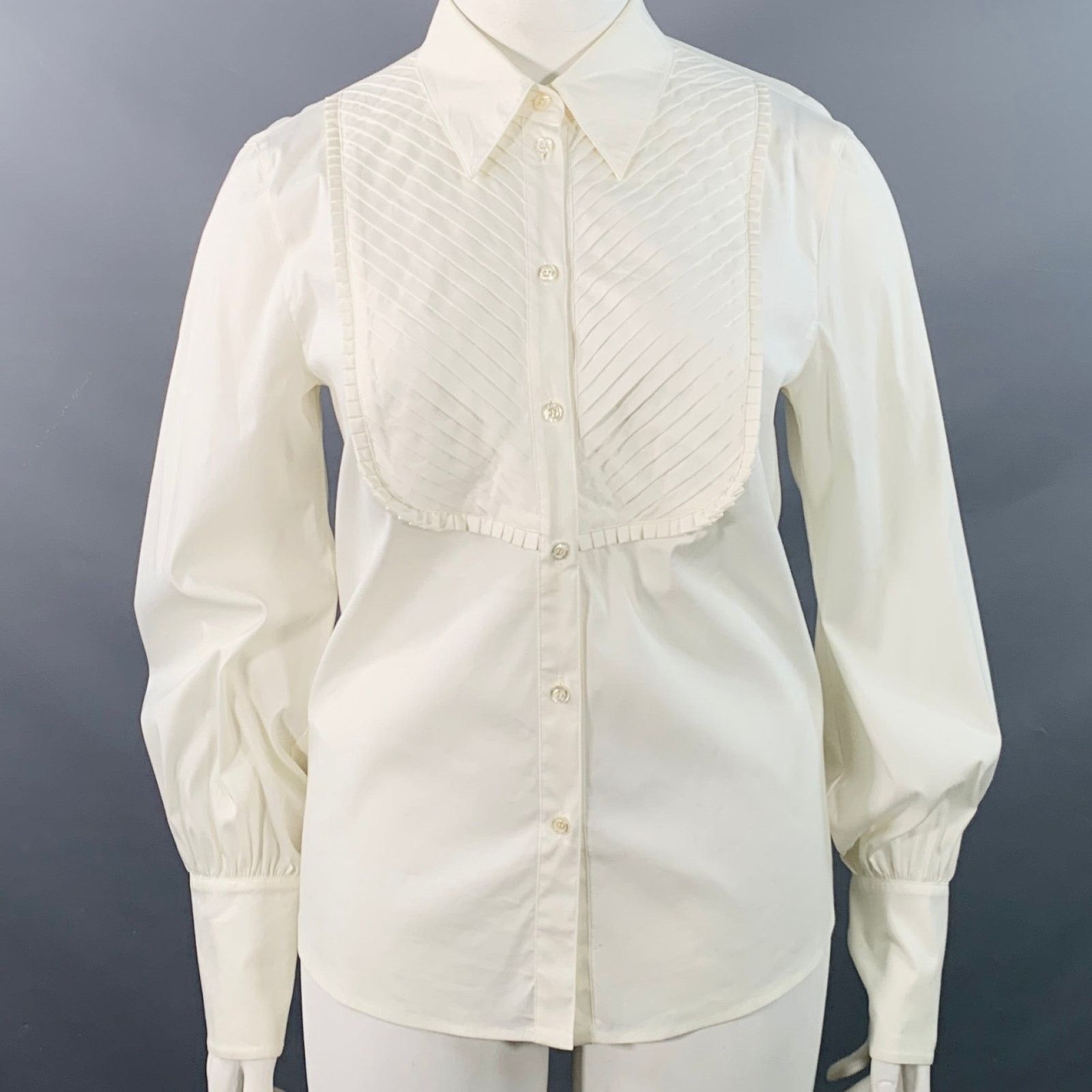 Escada ESCADA XL Cream Cotton Blend Pleated Bib Button Up Shirt Size XL / US 12-14 / IT 48-50 - 1 Thumbnail