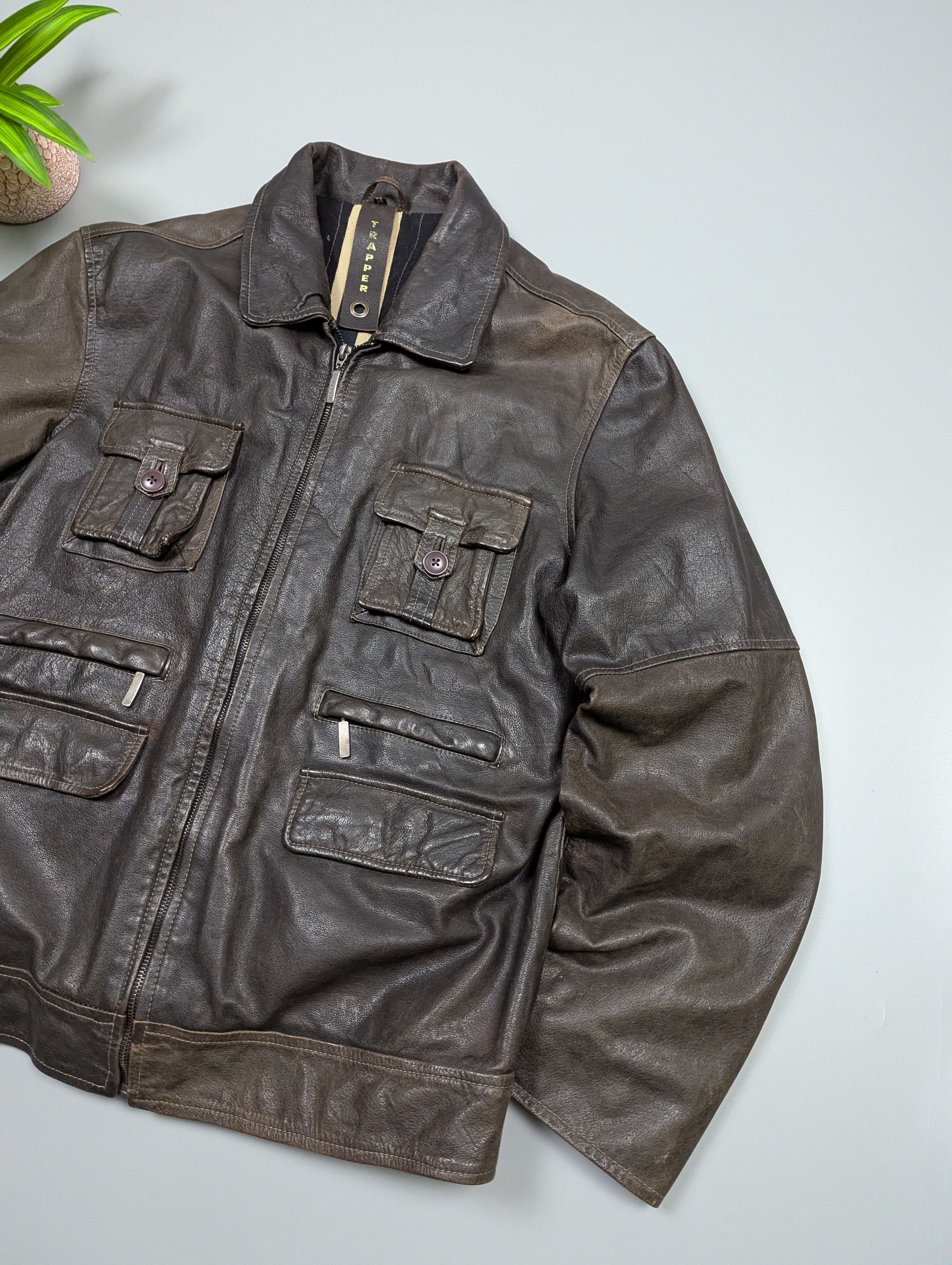 Vintage TRAPPER Mens Brown Multi-Pocket Leather Vintage Biker Jacket Size US XL / EU 56 / 4 - 3 Thumbnail