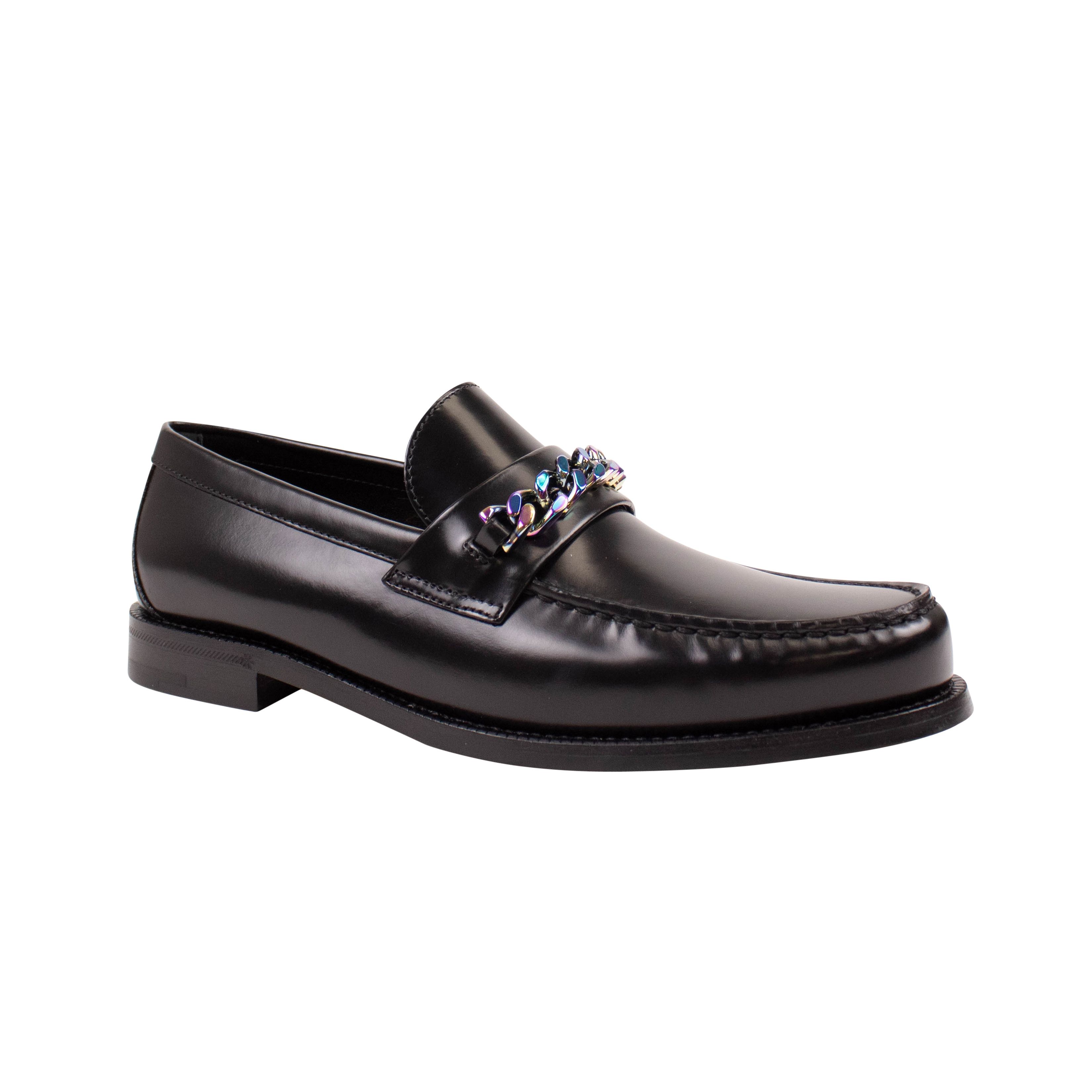 image of Louis Vuitton Black Glazed Leather Chain Lv Loafers, Men's (Size 5.5)