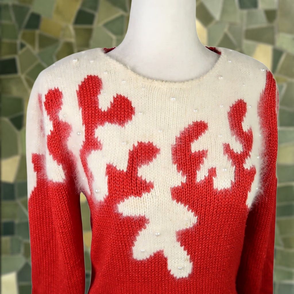 Vintage VINTAGE 80s Red Cream Angora Knit Sweater S Women Pullover Long Sleeve Squiggle Size S / US 4 / IT 40 - 1 Thumbnail