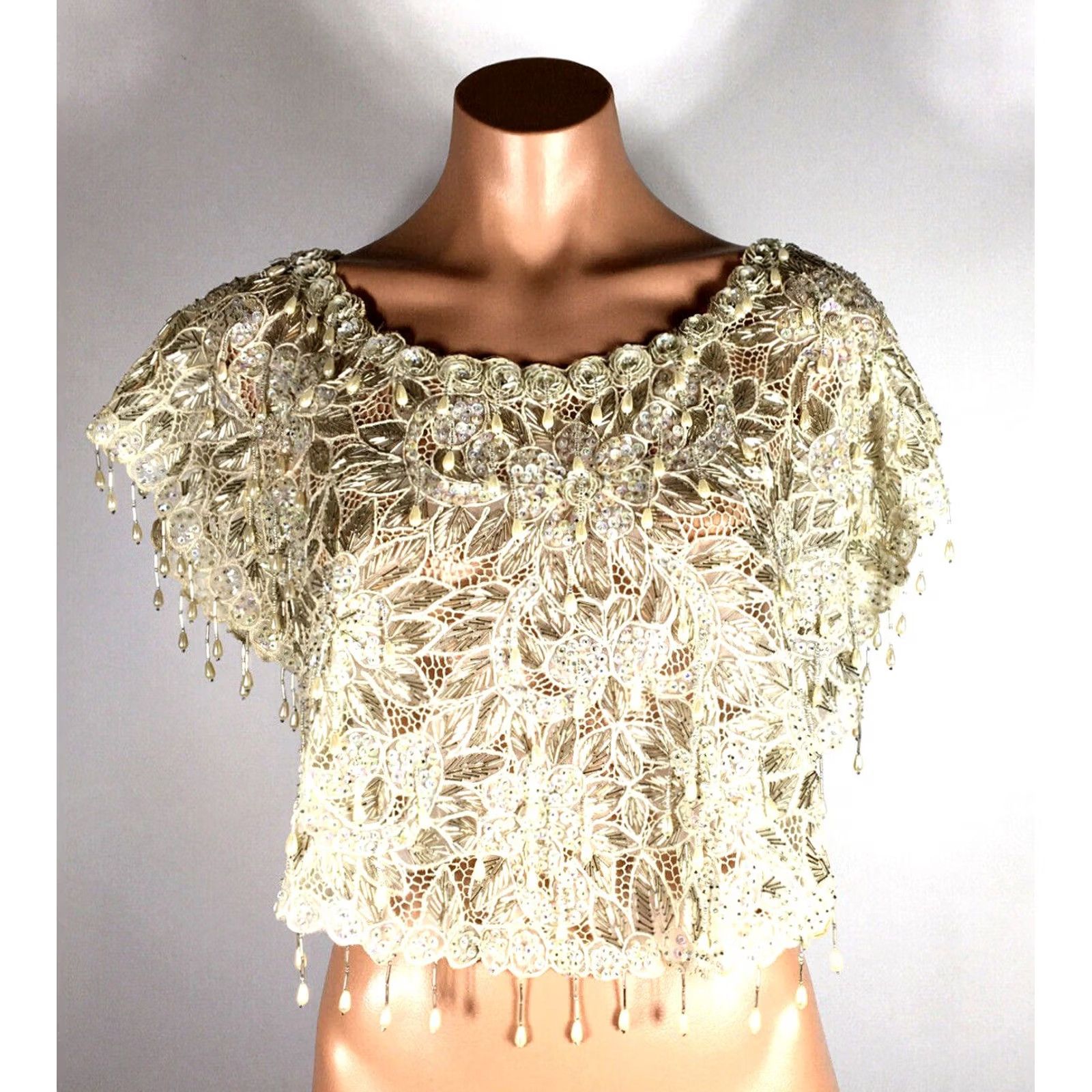 Vintage VINTAGE Shawl Bridal Sequin Glass Pearl Fringe Beaded Wedding Ivory Women Size ONE SIZE - 3 Thumbnail