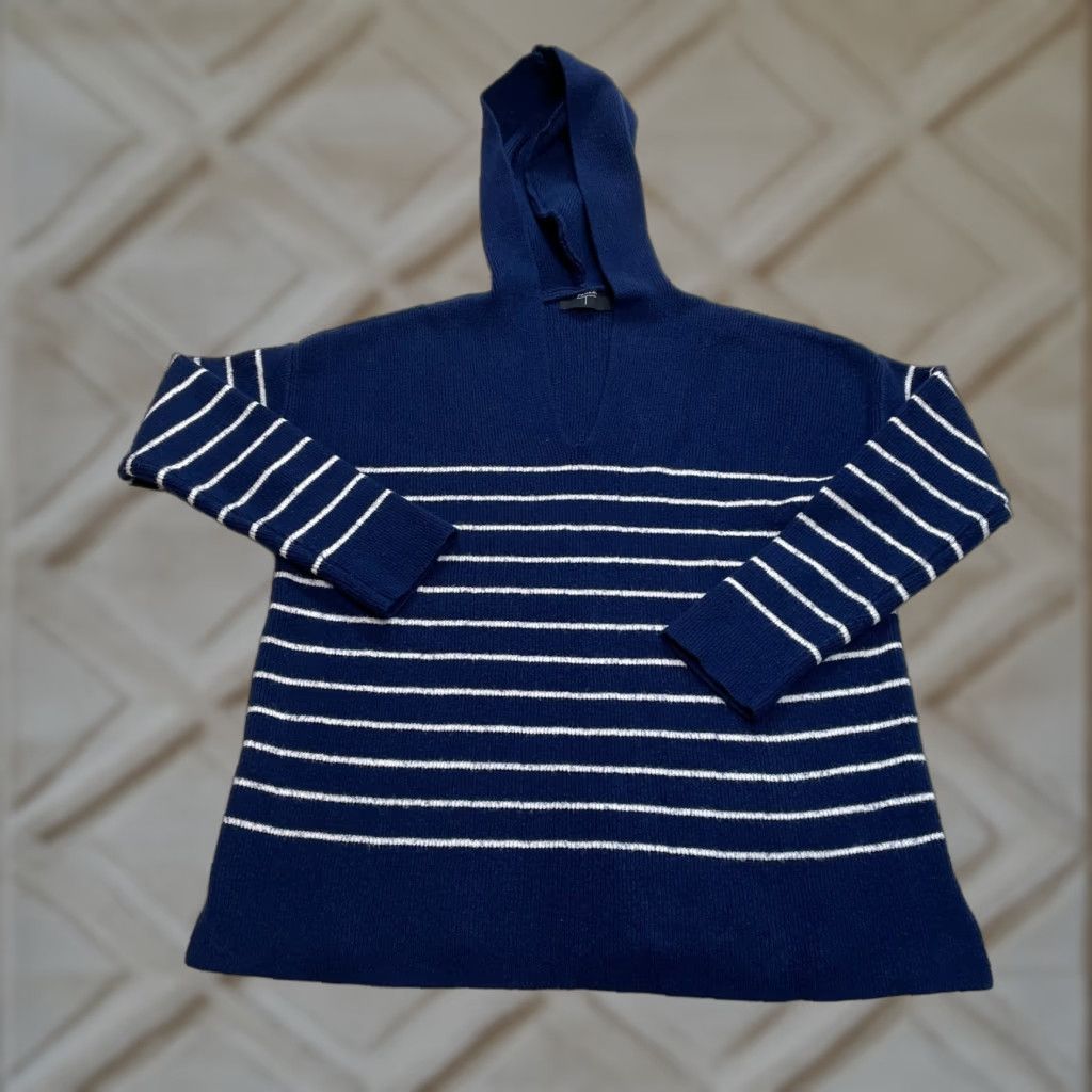 Vintage Tahari Sweater Womens Small Blue White Striped V-Neck Knit Pullover Hodded Stretch Size S / US 4 / IT 40 - 1 Thumbnail