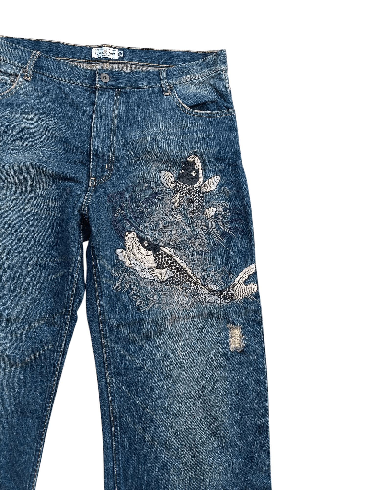 Japanese Brand 🔥DOPE🔥Karakuri Distressed Koi Fish Embroidery Jeans Size US 36 / EU 52 - 10 Thumbnail