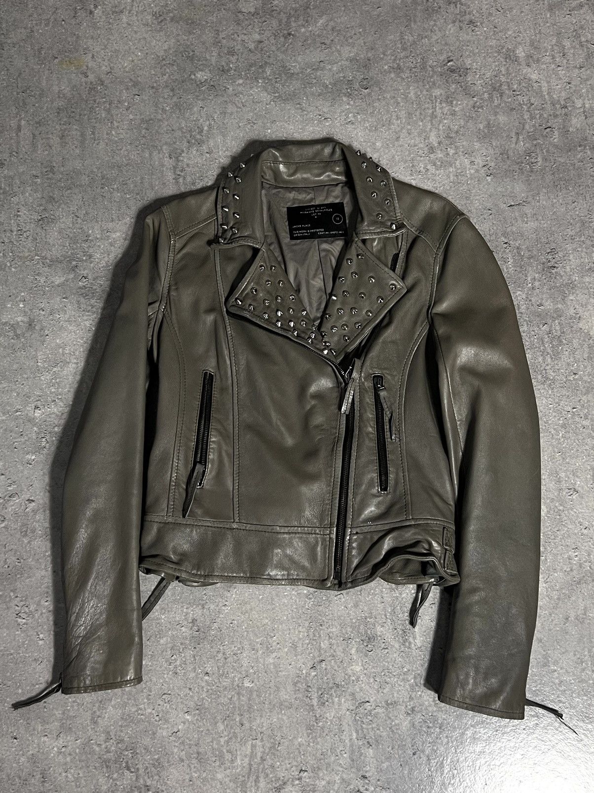 image of Allsaints Biker Leather Jacket With Studs Archive Ss09 in Khaki, Women's (Size Small)