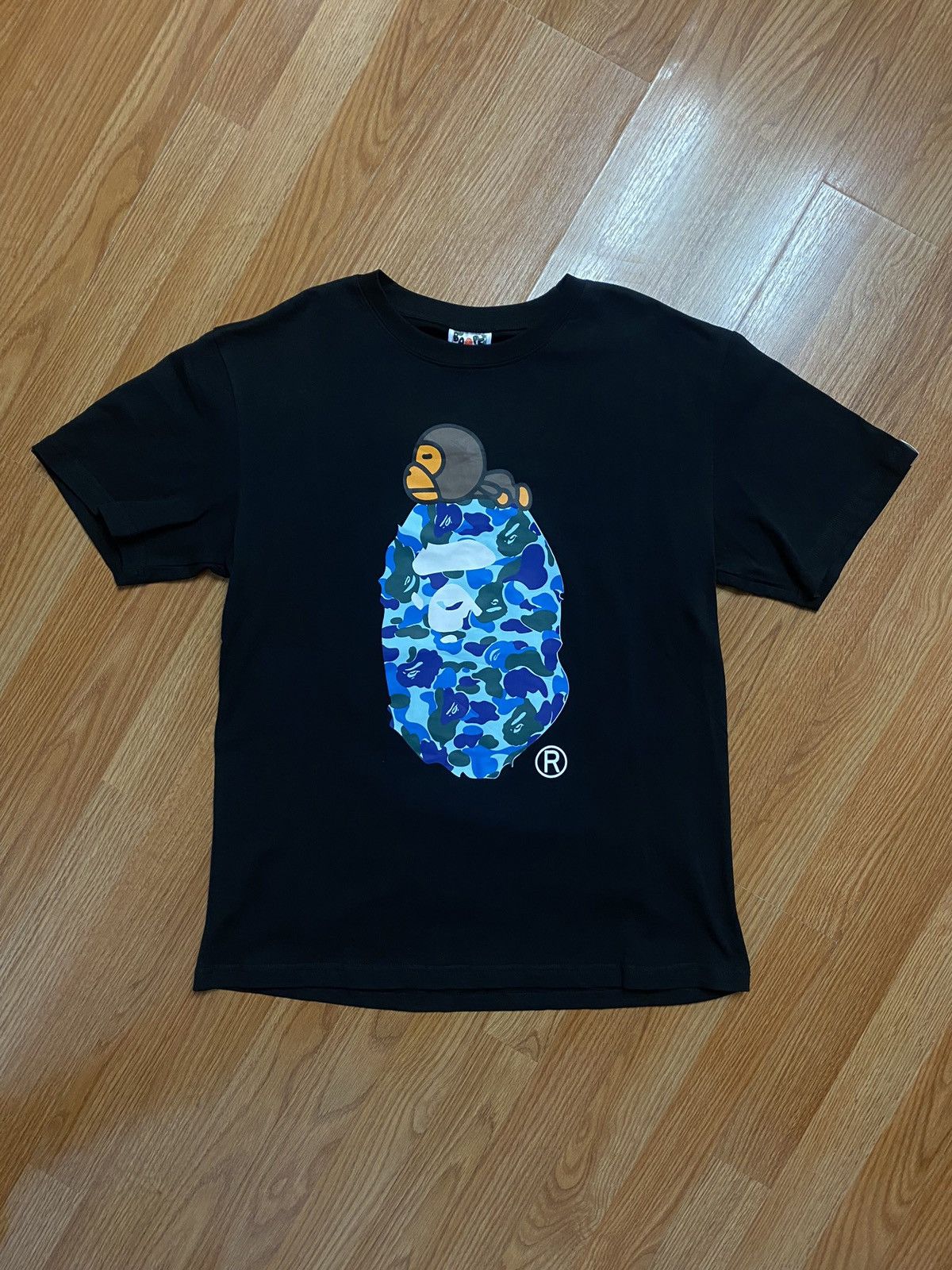 A BATHING APE BAPE BLUE CAMO BABY MILO ON BIG APE HEAD TEE