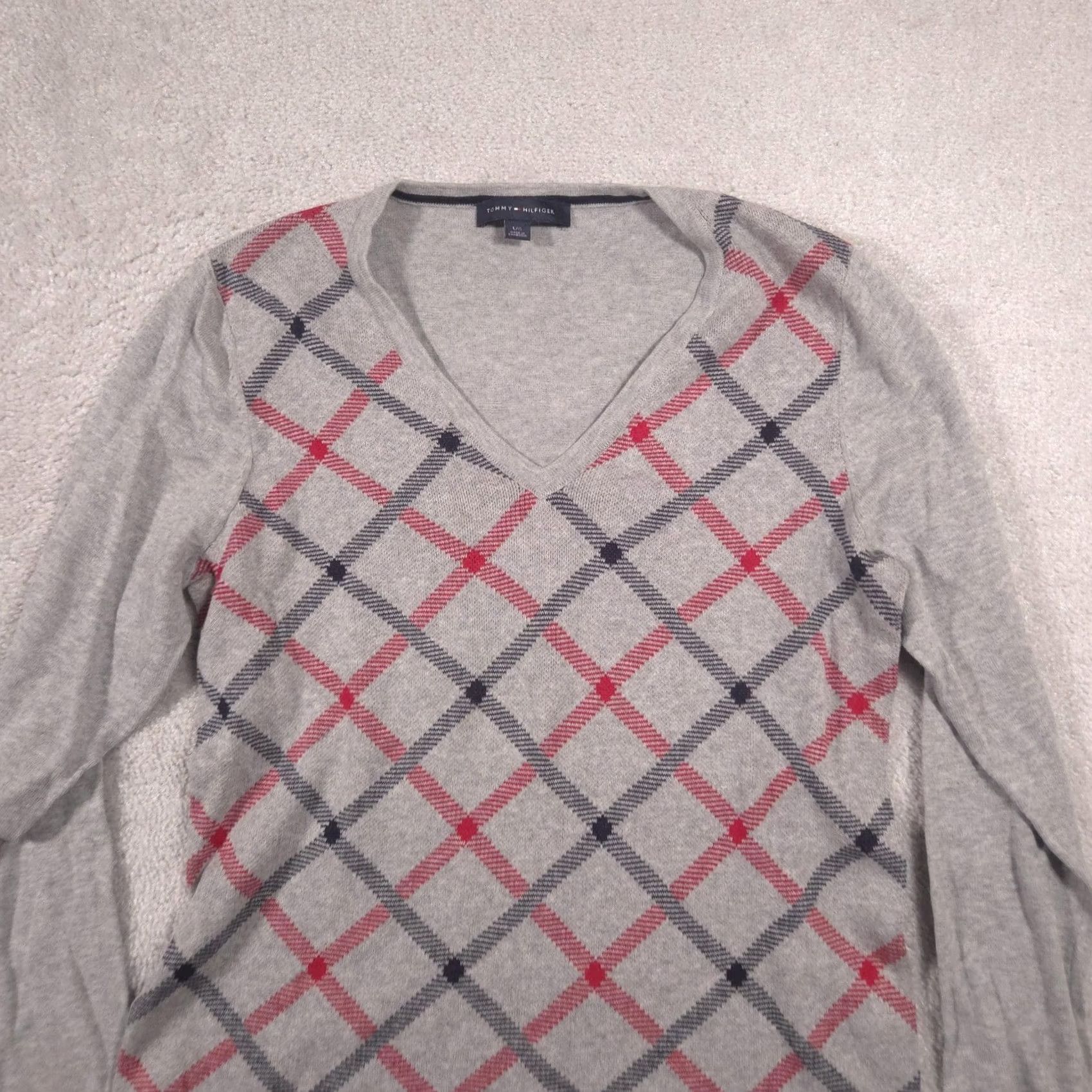 Tommy Hilfiger Tommy Hilfiger Sweater Womens L Gray V-Neck Argyle Lightweight Knit Pullover Size L / US 10 / IT 46 - 4 Thumbnail