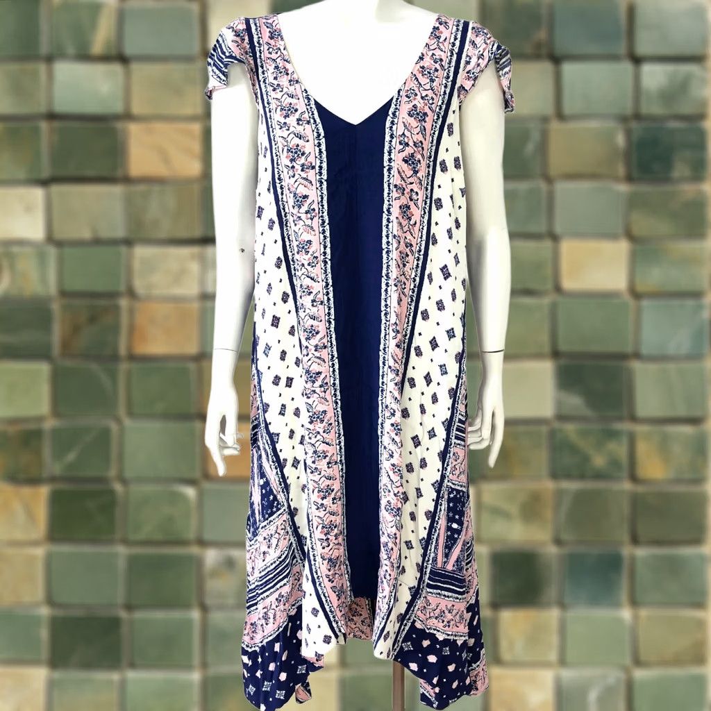 Vintage Maeve Anthropologie Small A-Line Viscose Midi Dress All Over Print Blue Sleeveless Pullover V-Neck - Regular Women's Size S Dress Size S / US 4 / IT 40 - 1 Thumbnail