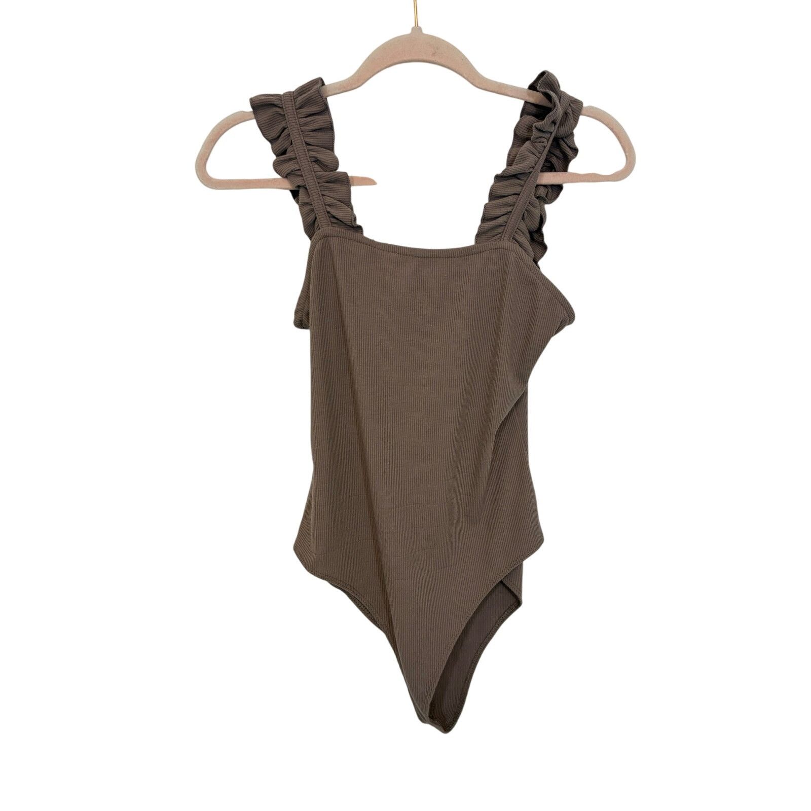 Anthropologie Entro Tan Ribbed Ruffled Tank Sleeveless Bodysuit Basic M Size M / US 6-8 / IT 42-44 - 3 Thumbnail