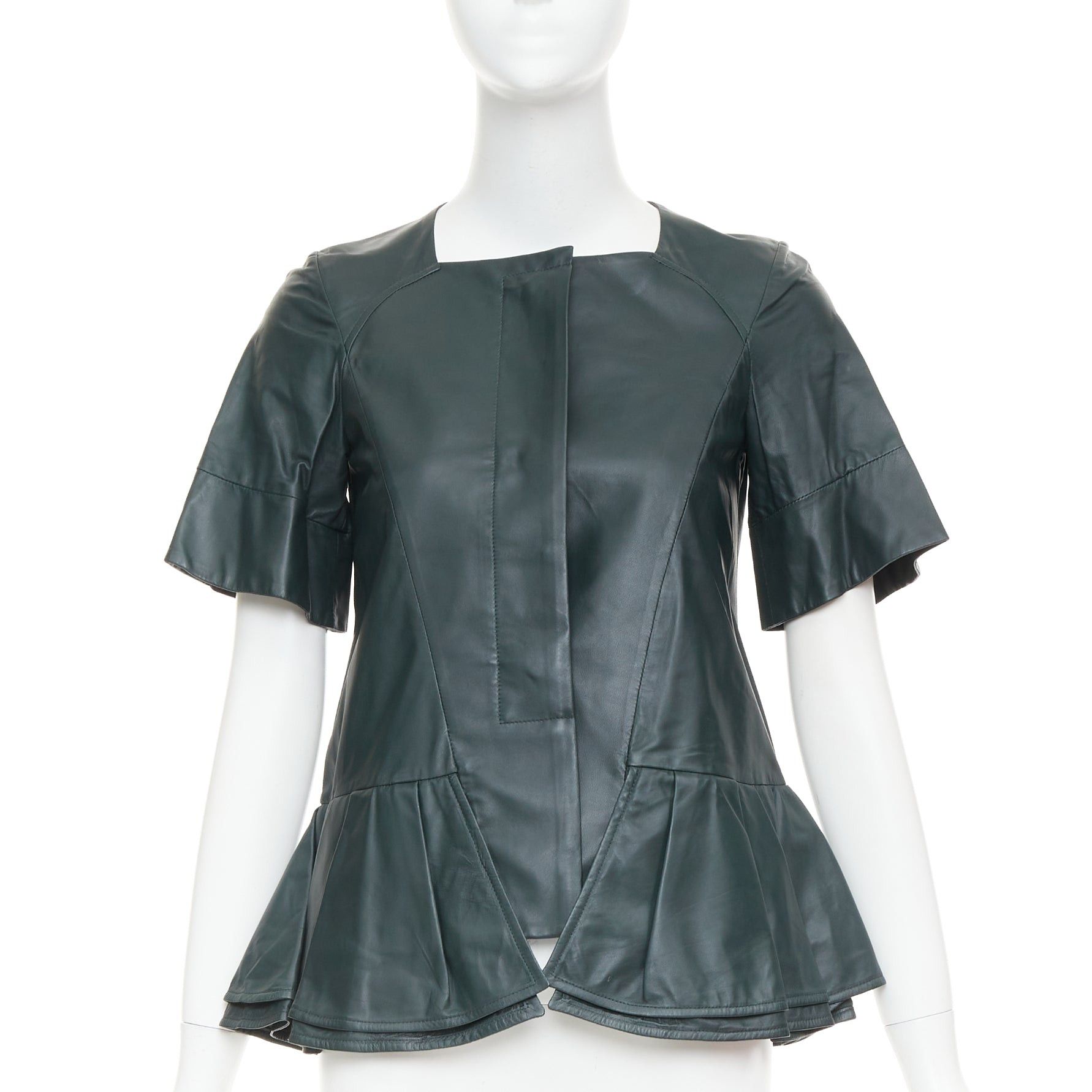 Marni MARNI dark green nappa lamb leather panelled ruffled peplum jacket IT38 XS Size XS / US 0-2 / IT 36-38 - 1 Thumbnail