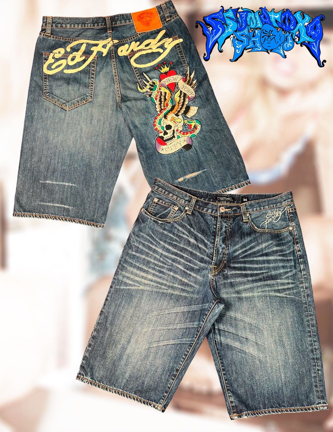 Ed Hardy Ed Hardy Denim Y2K Shorts NYC Skull Snake Tattoo Embroidery Size US 36 / EU 52 - 1 Thumbnail