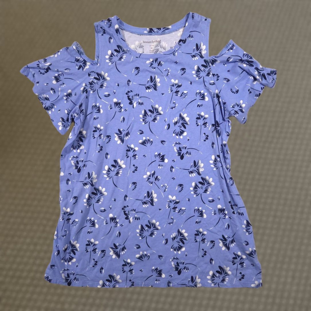 Vintage Woman Within Shirt Womens Blue Floral Cold Shoulder Sleeve Ruffle Top 14/16 Size XL / US 12-14 / IT 48-50 - 1 Thumbnail