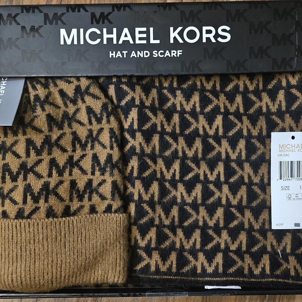 Michael Kors MICHAEL KORS 2-Piece Scarf & Hat MK LOGO Black Gold Camel Size ONE SIZE - 1 Preview