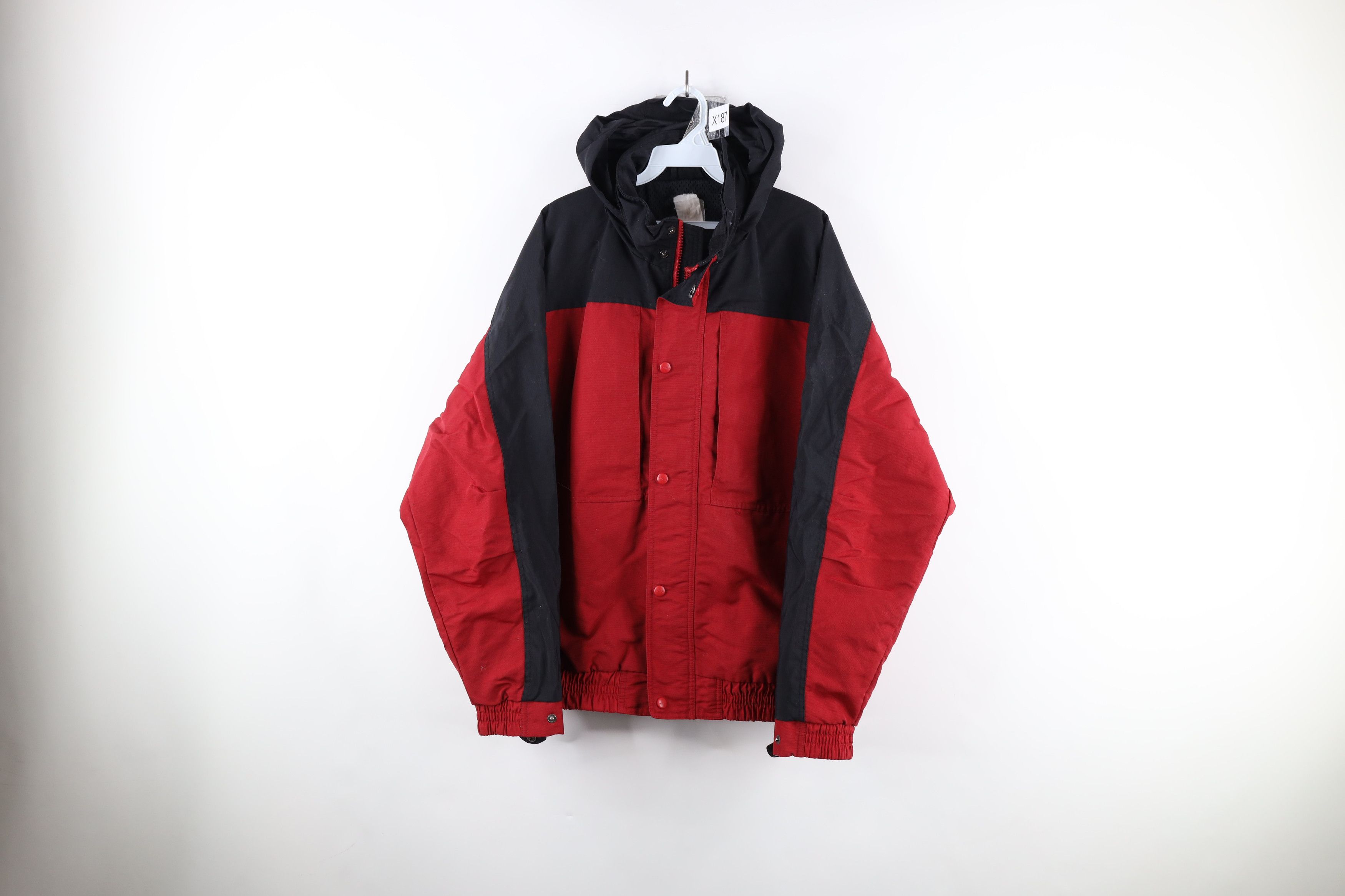 image of 90's Carhartt Color Block Hooded Bomber Jacket Red, Men's (Size 2XL)