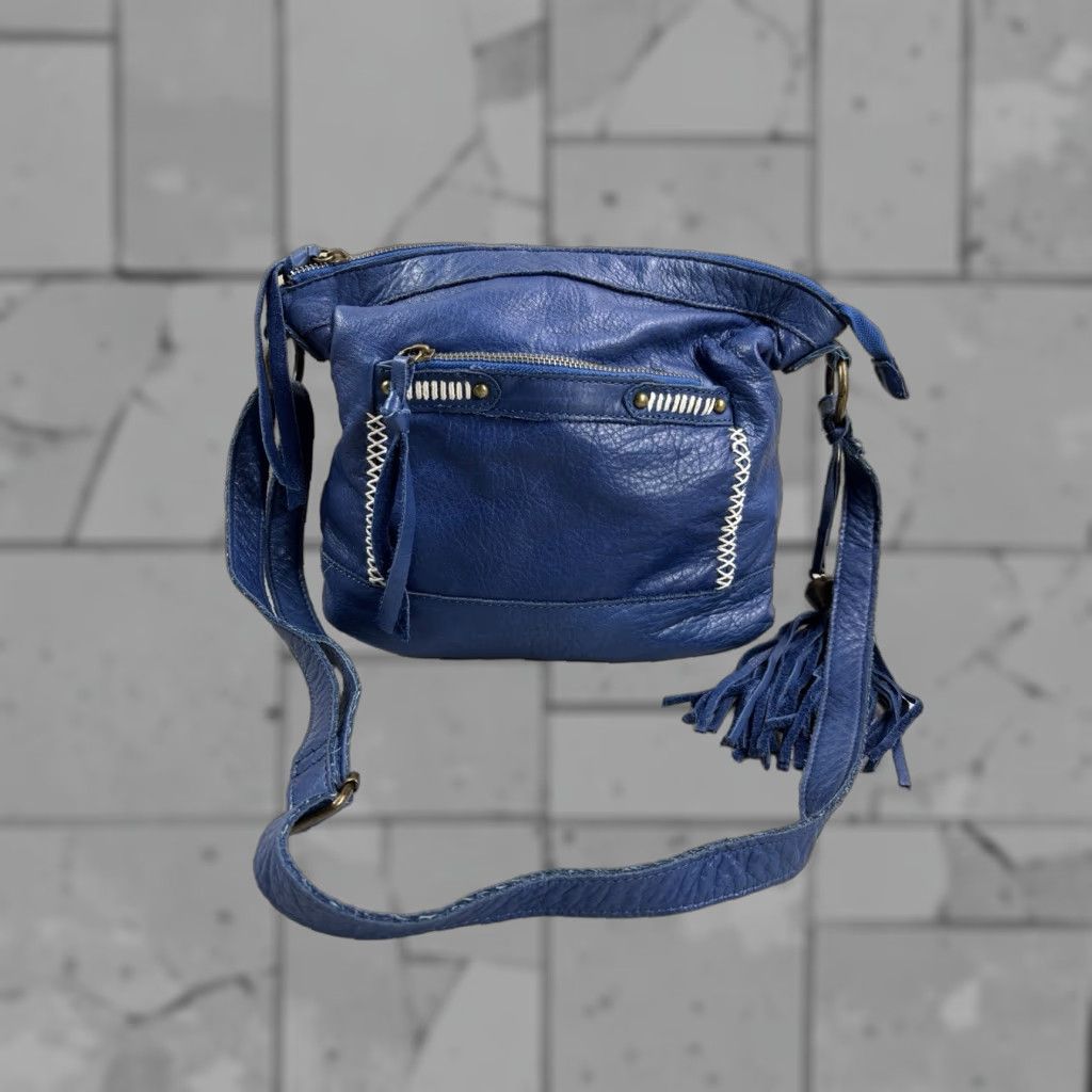 Lucky Brand Bag Leather Crossbody Small Blue Fringe Tasseled Western Boho Cute in White, Women's