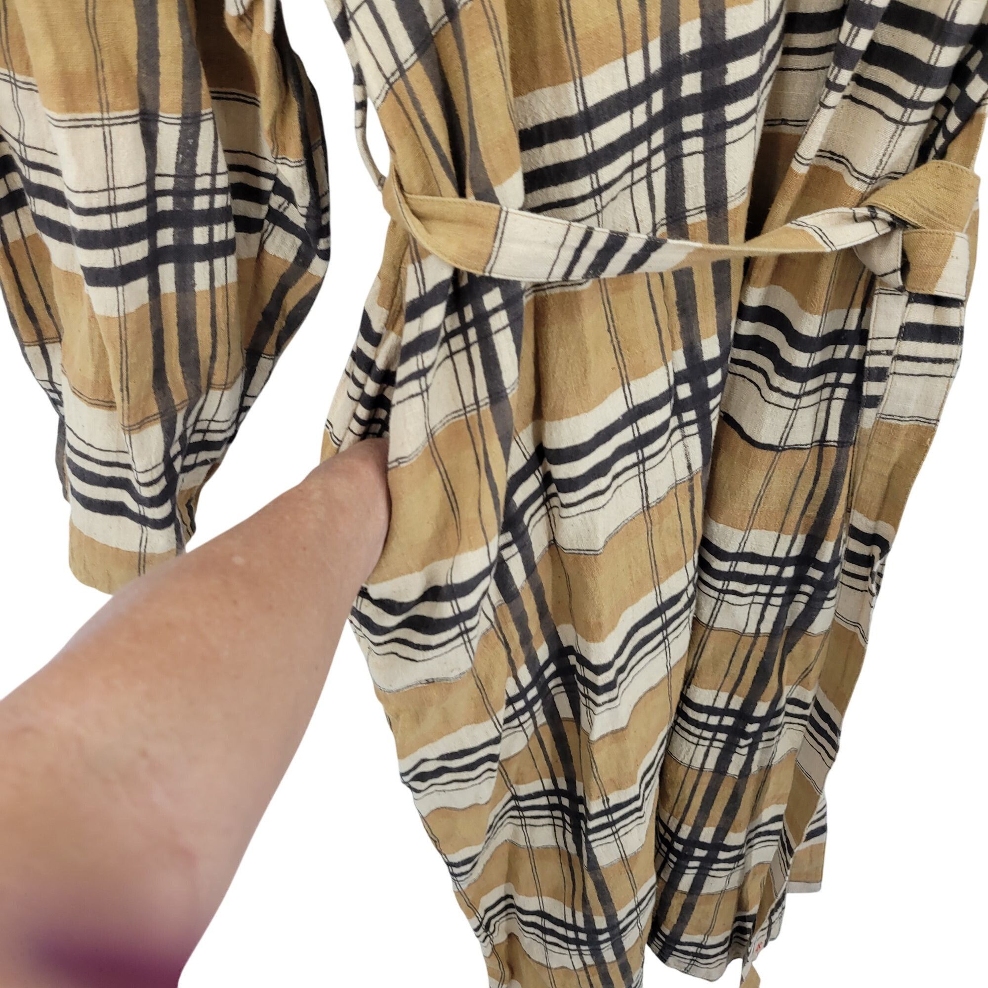Designer Eleven Eleven Checkered Plaid Mustard Belted Midi Dress Sz M Size M / US 6-8 / IT 42-44 - 9 Thumbnail