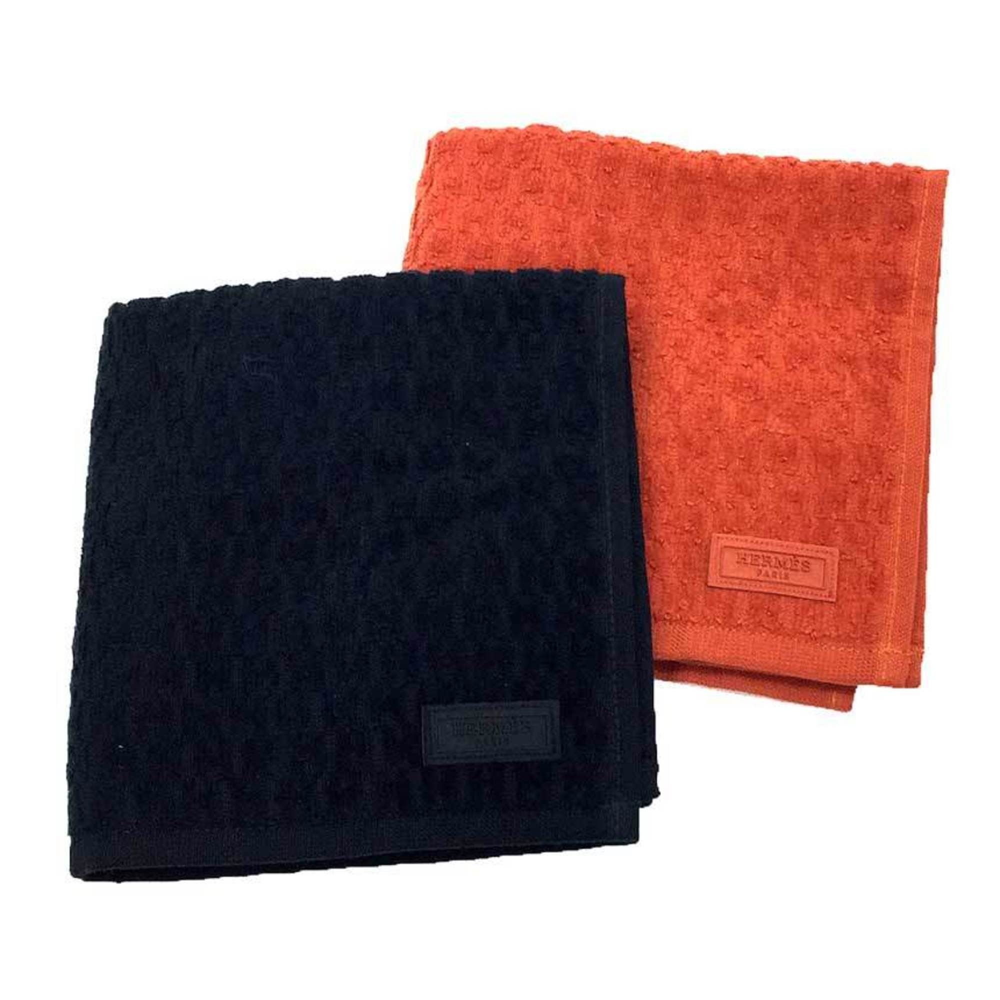 image of Hermes Towel Set Carre Jacquard Face Eponge 101566M-03 Brique 101566M-01 Noir Hand Cotton Orange Bl