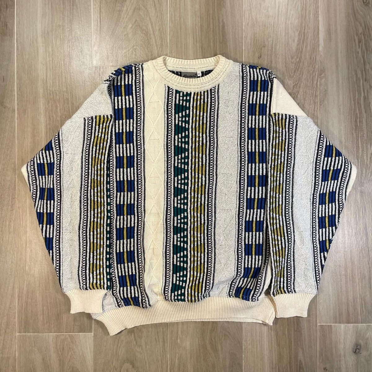 Vintage Cream and blue vintage 90s knit sweater jumper old money Size US XL / EU 56 / 4 - 1 Thumbnail