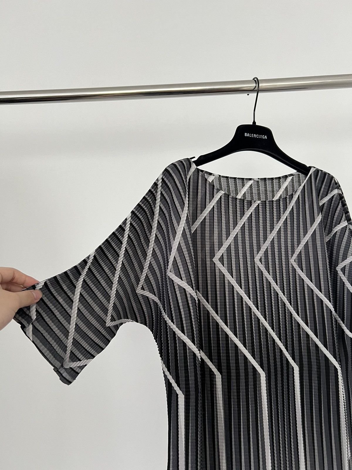 image of Issey Miyake Pleats Top Geometric Zig Zag Pattern in Black/Gray, Men's (Size Medium)