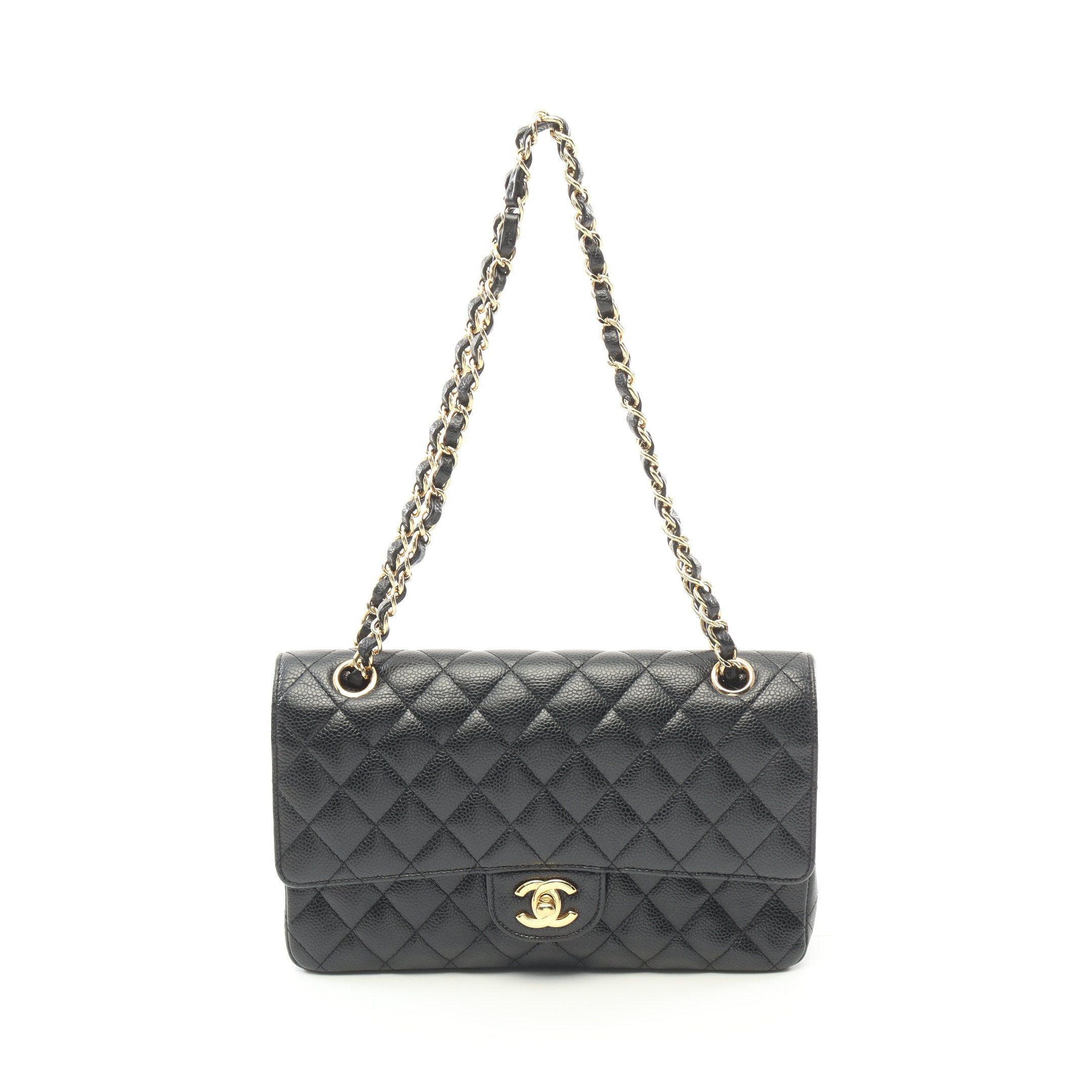 Chanel Matelasse Double Flap Chain Shoulder Bag Caviar Skin Black Gold Hardware