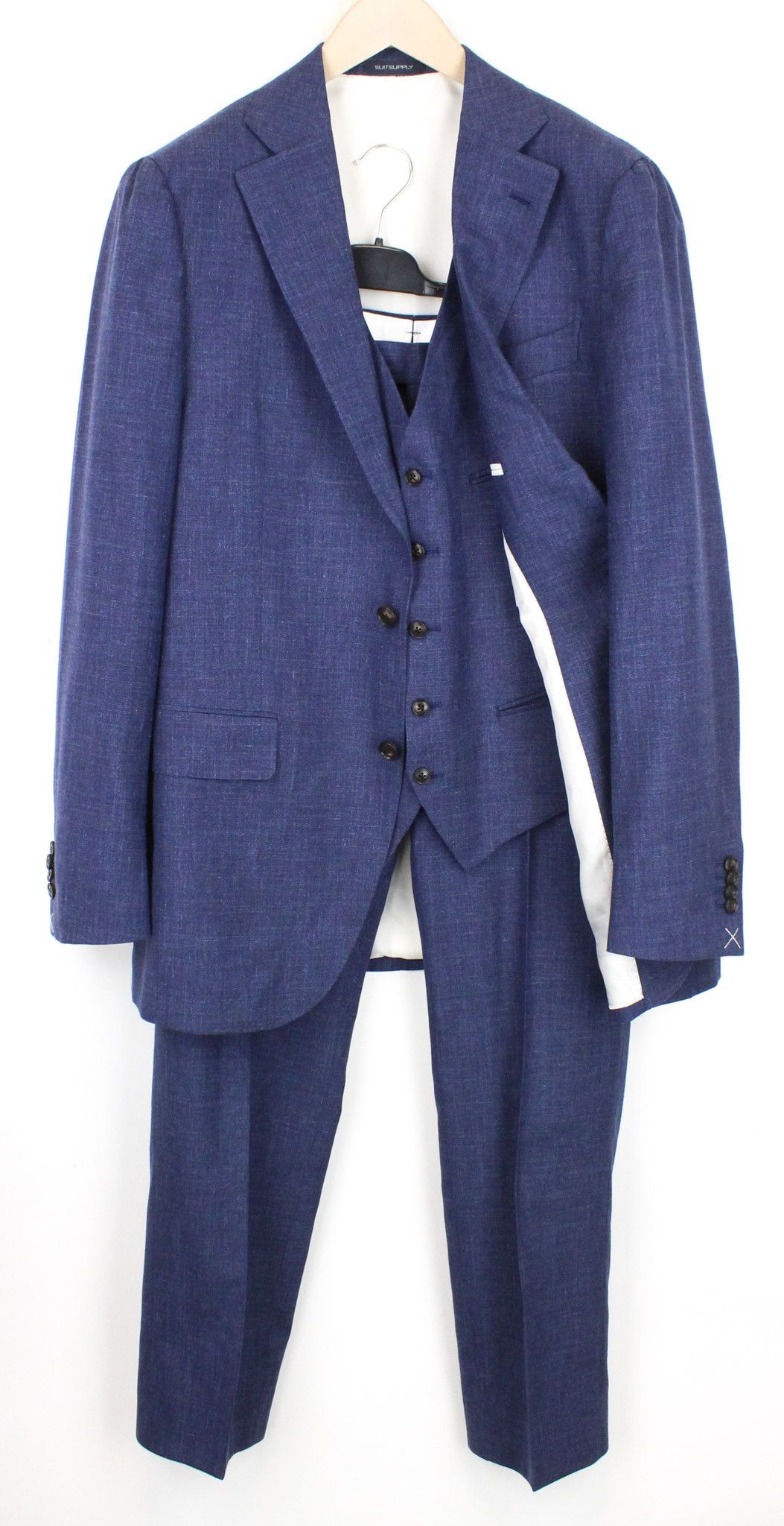 image of Suitsupply La Spalla Uk44L Wool Silk Linen Blue 3-Piece Melange 67680, Men's