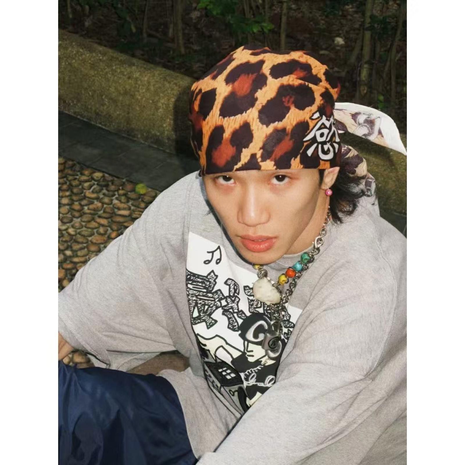 Japanese Brand Y2k Leopard Print Scarf Bandana Chain Border Chinese “Yù” Size ONE SIZE - 2 Thumbnail